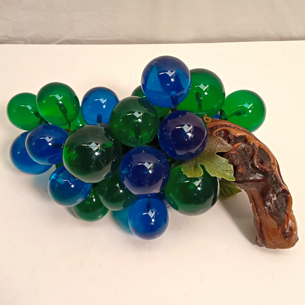 Vintage 1960's Lucite Grape Cluster XL Green And Blue Wooden Stem