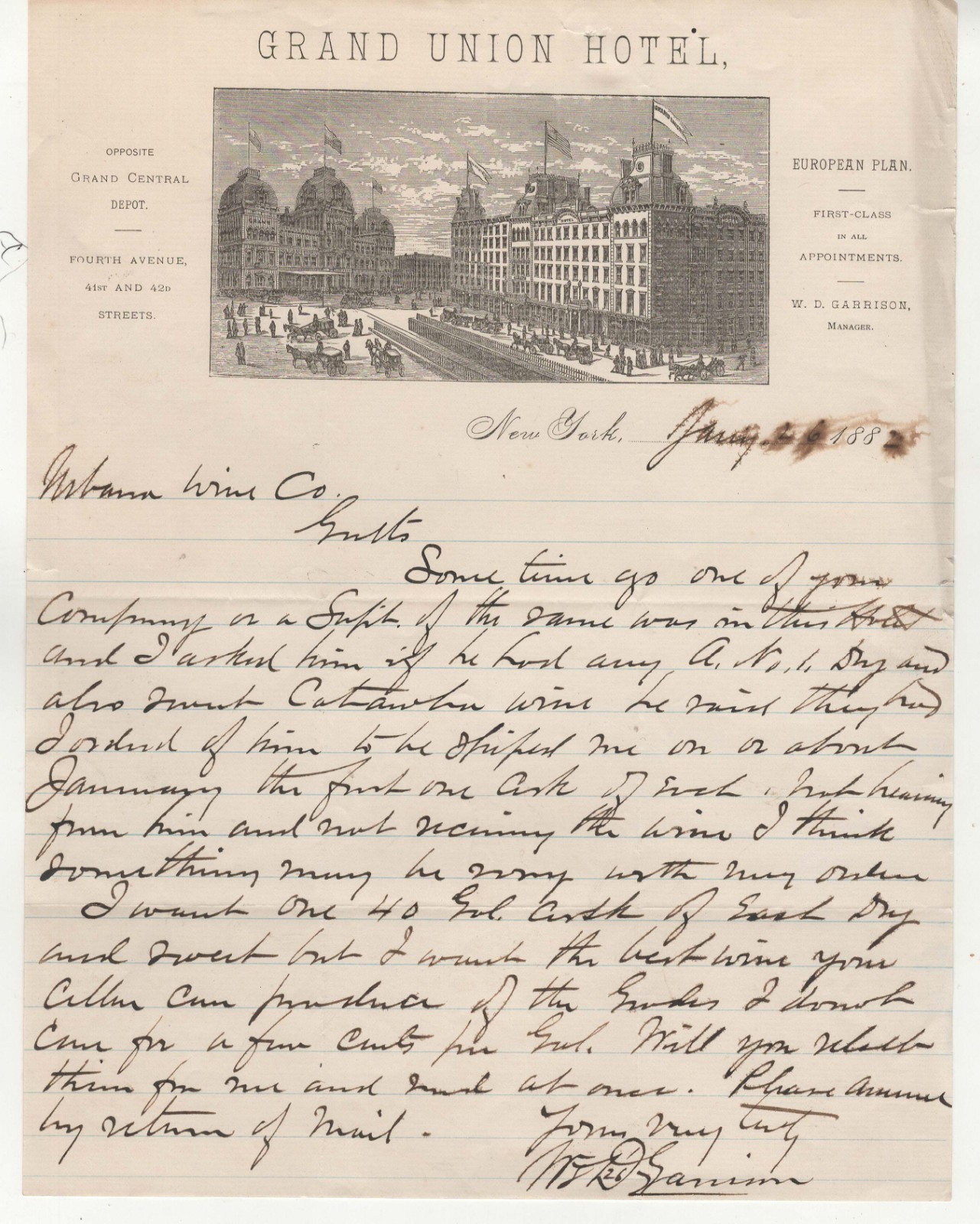 1882 Grand Union Hotel NY City  Illustrated Letterhead Content Wine Sales