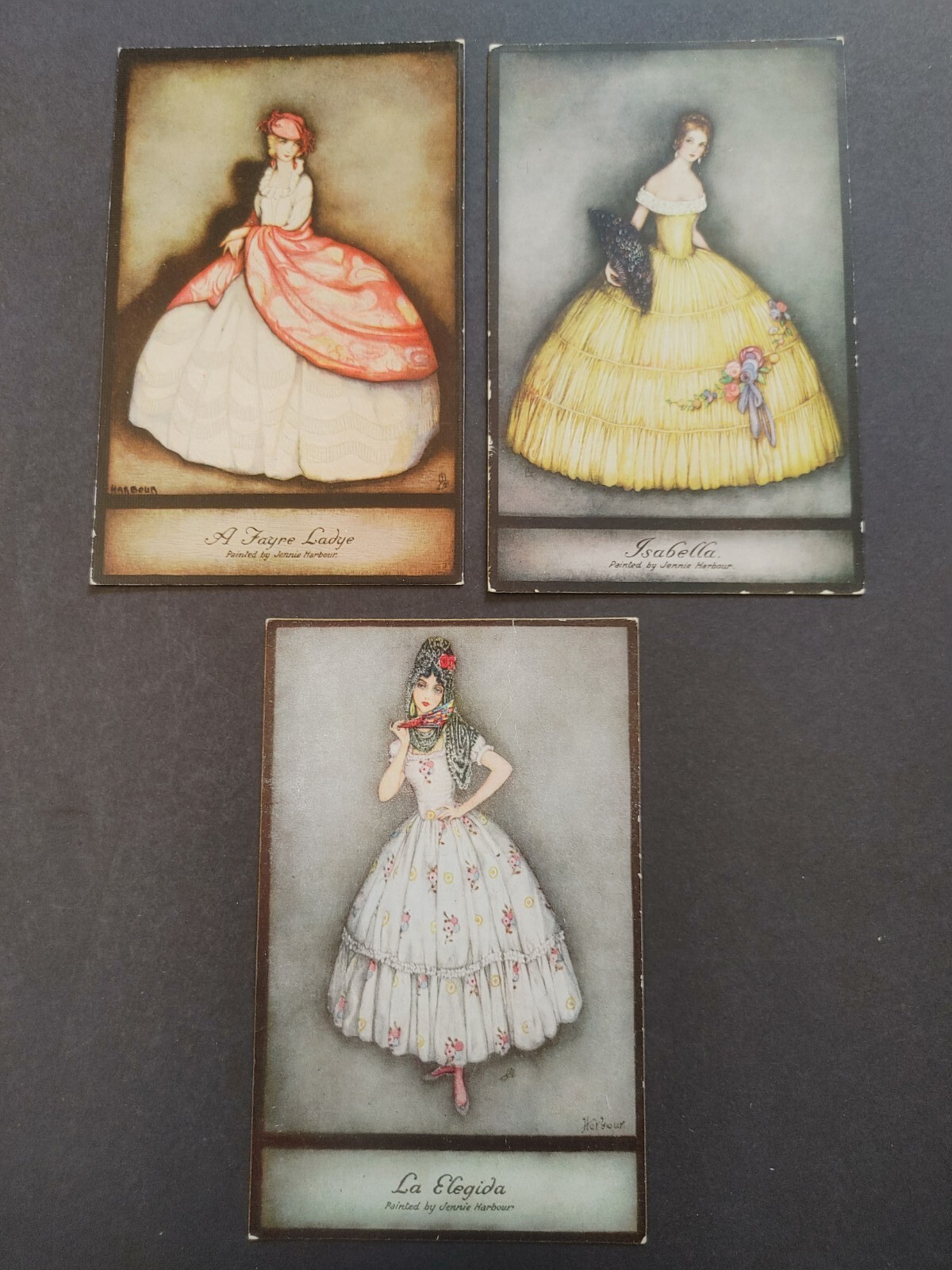 Lot (3) Artist Signed Jennie Harbour Fashion Spanish Lady Tuck serie 3801 