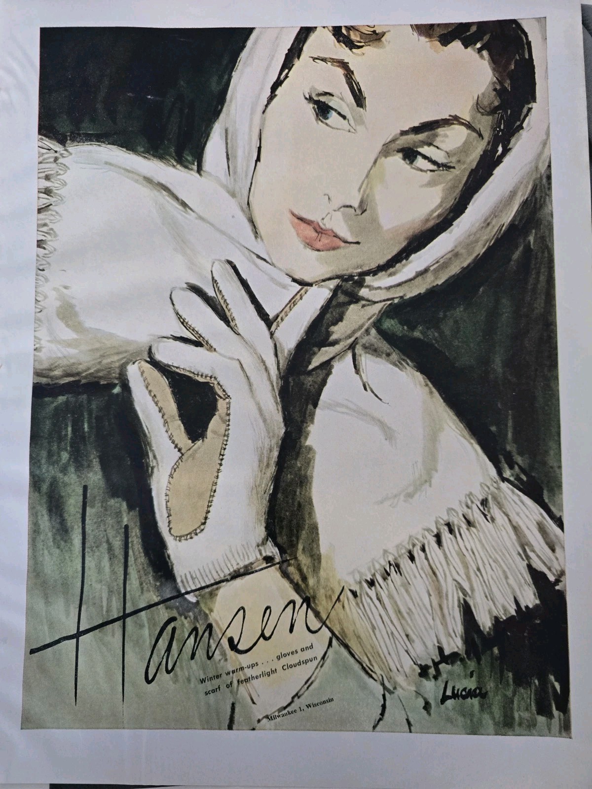 1958 Women's Hansen Cloudspun winter gloves Lucia Art Vintage fashion Ad 