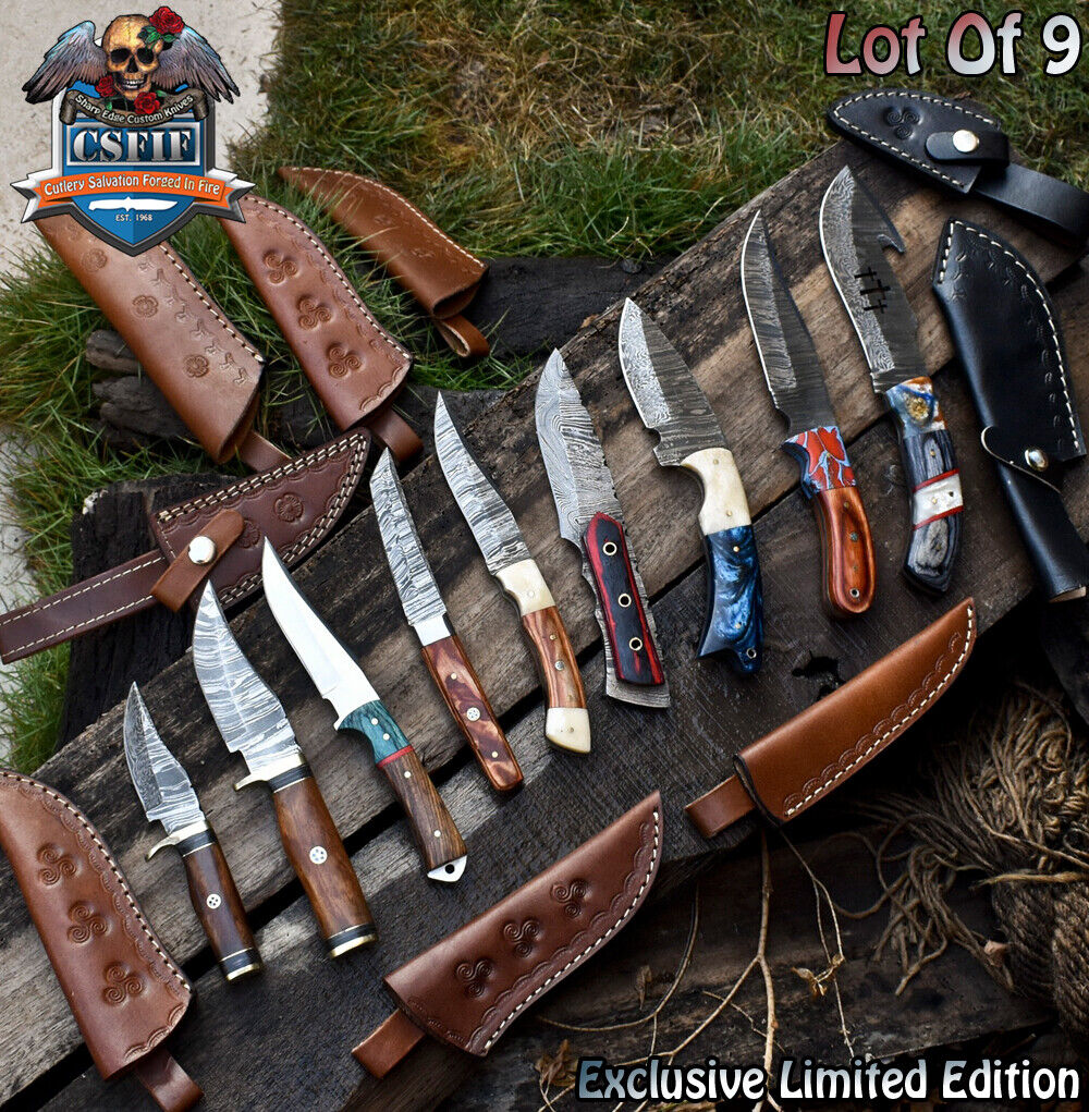 CSFIF Hand Forged Skinner Knife Twist Damascus Mixed Material Lot of 9 EDC