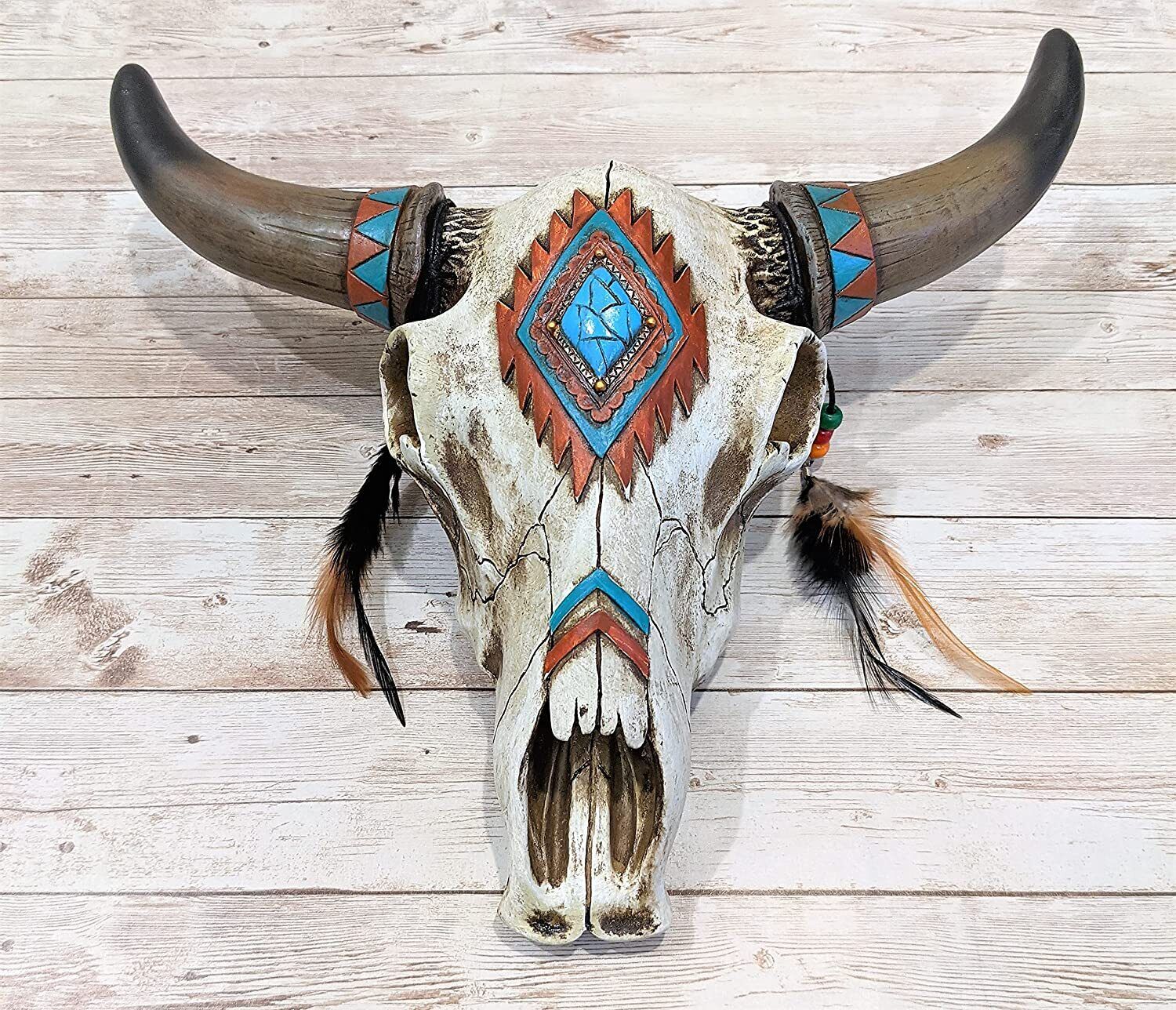 Rustic Vintage Southwest Tribal Bull Skull Feather Beeds Wall Hanging Decor Gift