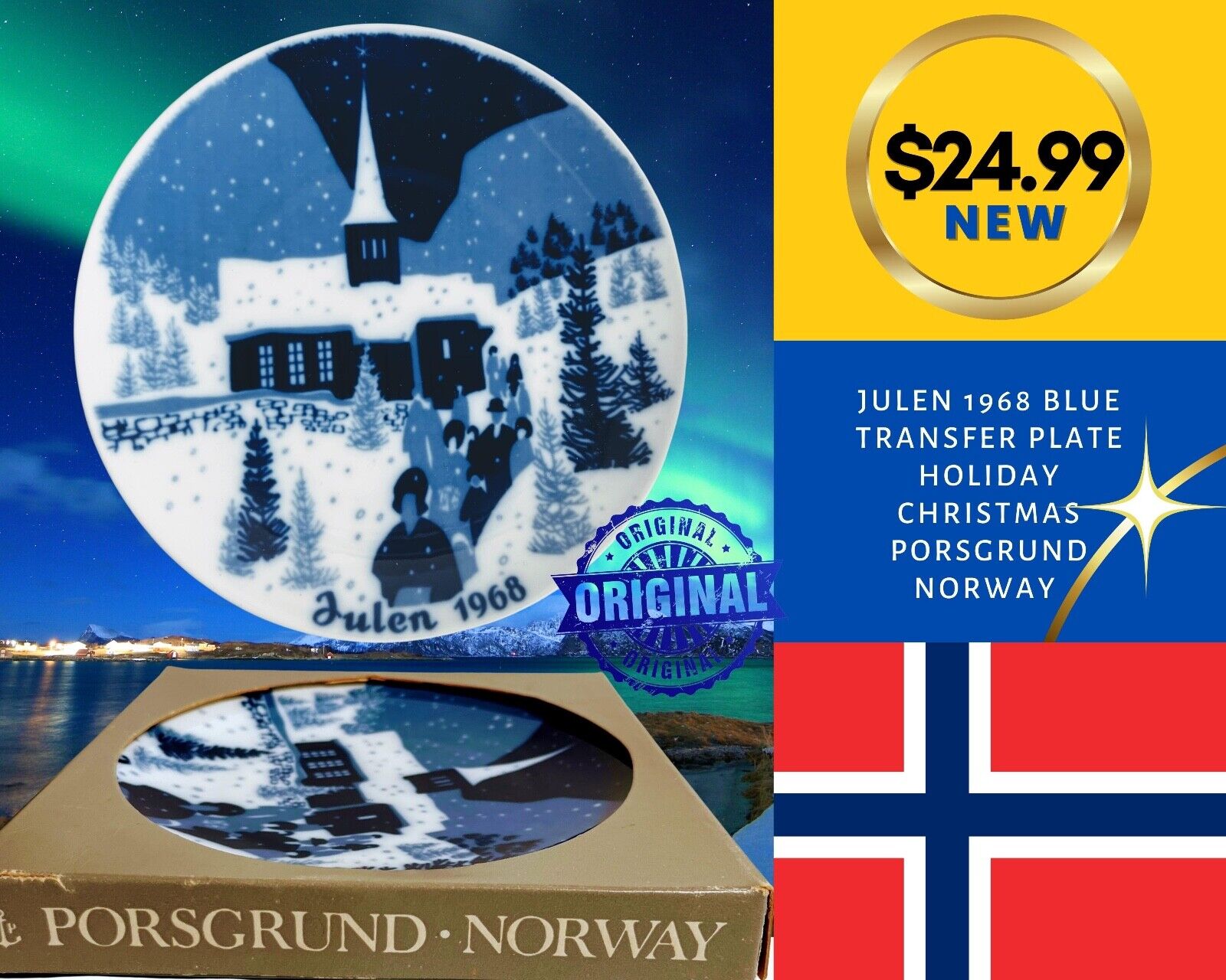 Julen 1968 Blue transfer plate Holiday Christmas Porsgrund Norway.