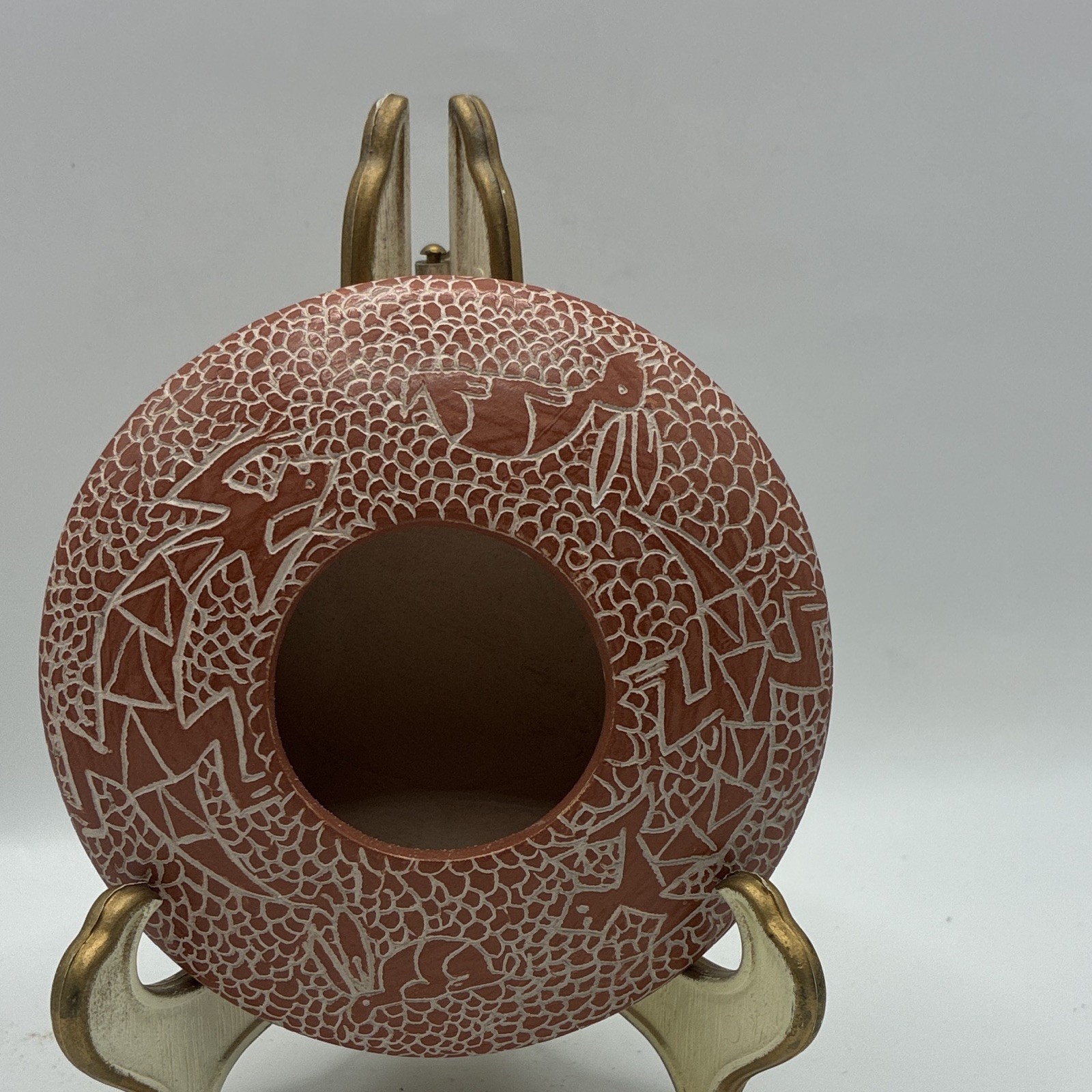 Carved Art Pottery Donut Vase Brown & White Bird Design Decorative Abstract