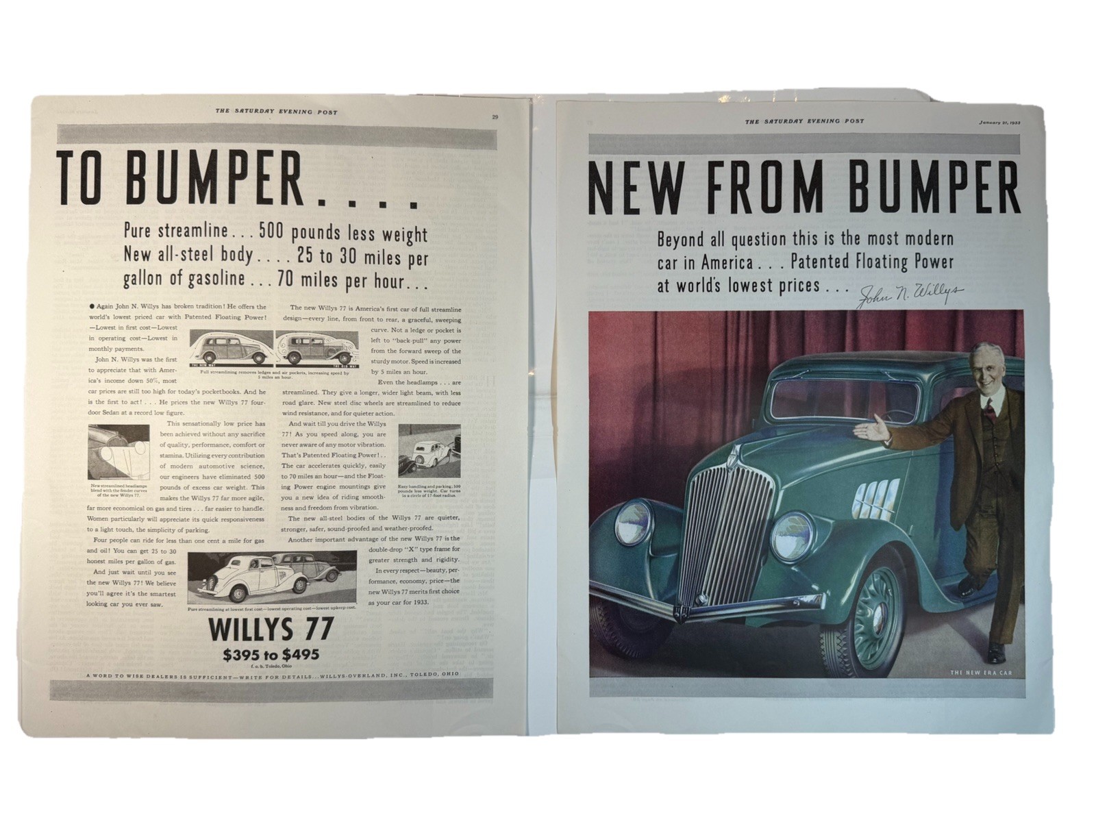 Willys 77 Green Original Print Ad The Saturday Evening Post Jan 21, 1933 Willys 77 Green Original Print Ad The Saturday Evening Post Jan 21, 1933