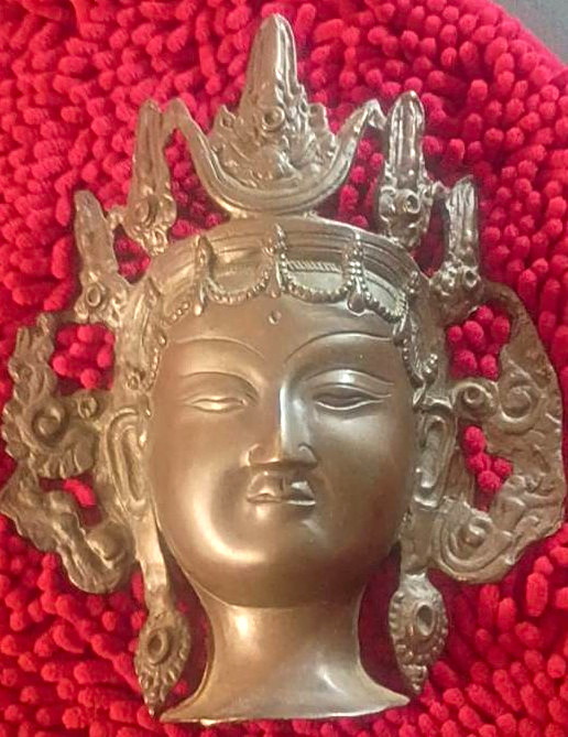 Vintage Solid Brass Tibetan Tara Mask Wall Hanging – Heavy- Buddhist Goddess
