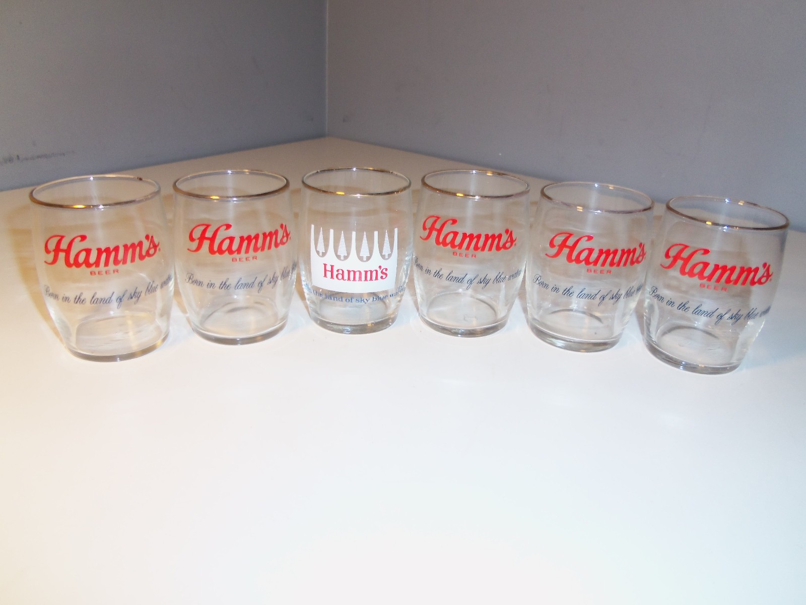 6 Hamm\'s Beer Tasting Sampler Barrel Gold Rim Drinking Glasses