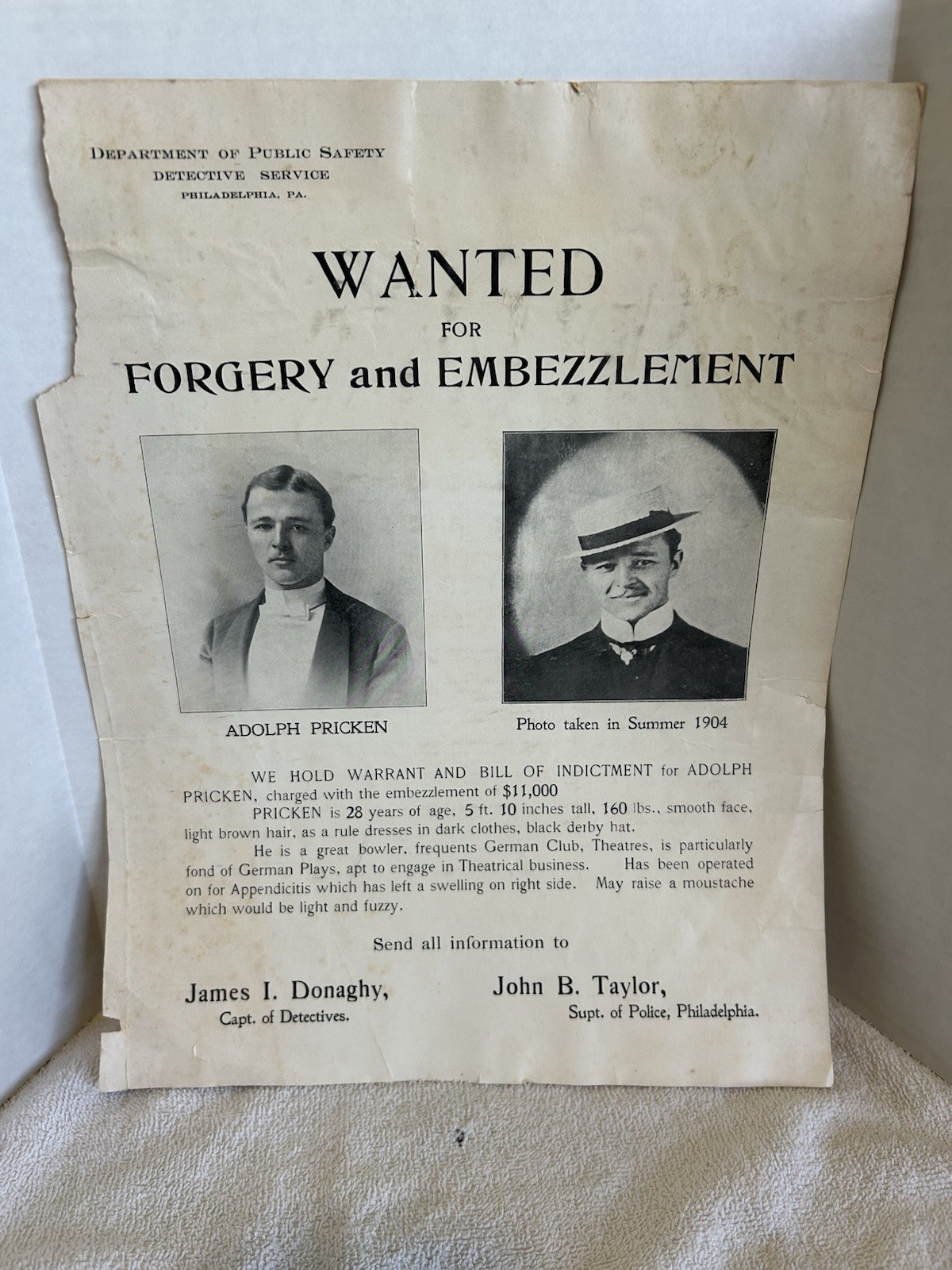 Rare 1900’s Wanted Poster ADOLF PRICKEN