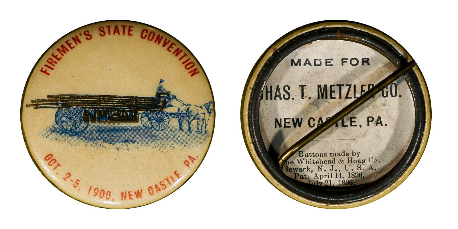 Antique 1900 Celluloid Pinback Horse-Drawn Fire Wagon New Castle, PA Convention