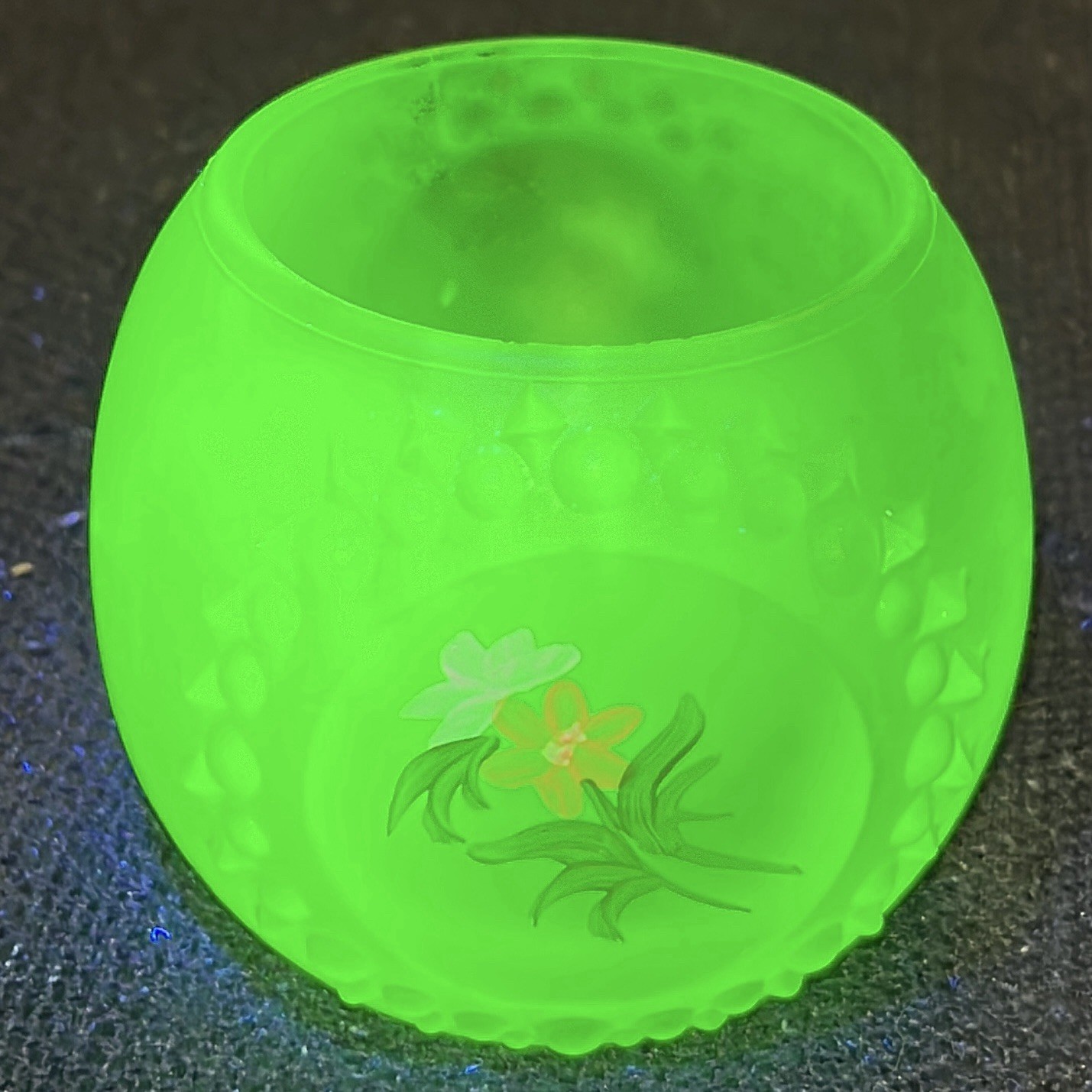 Vintage Green Satin Uranium Glass Votive Candle Holder Hand Painted