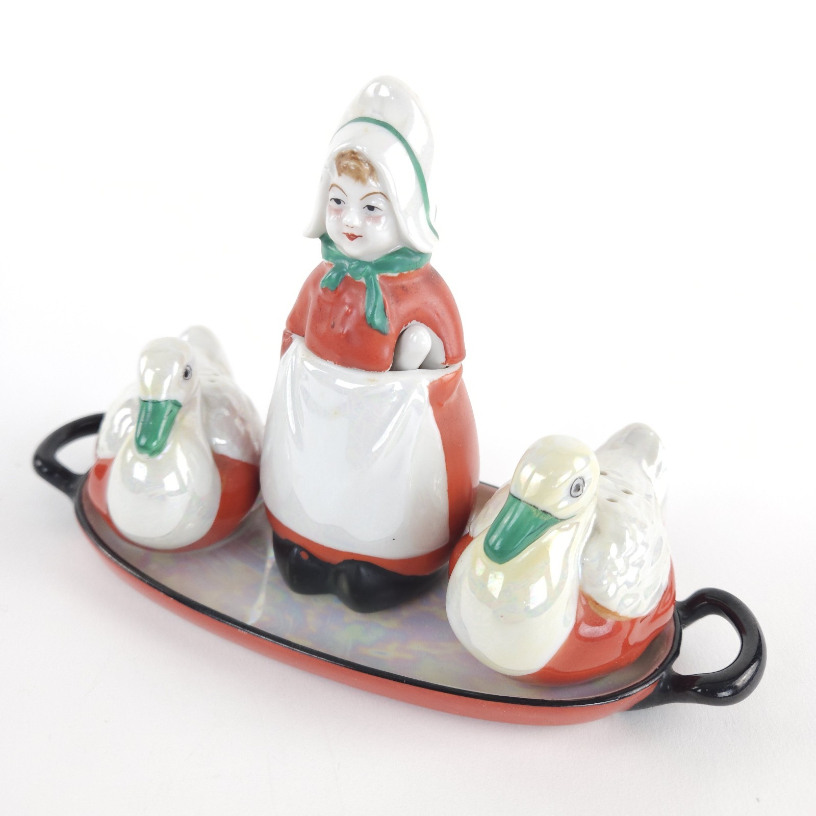 Rare Noritake Pearlescent Lusterware  Art Deco Condiment Set Lady and Her Ducks