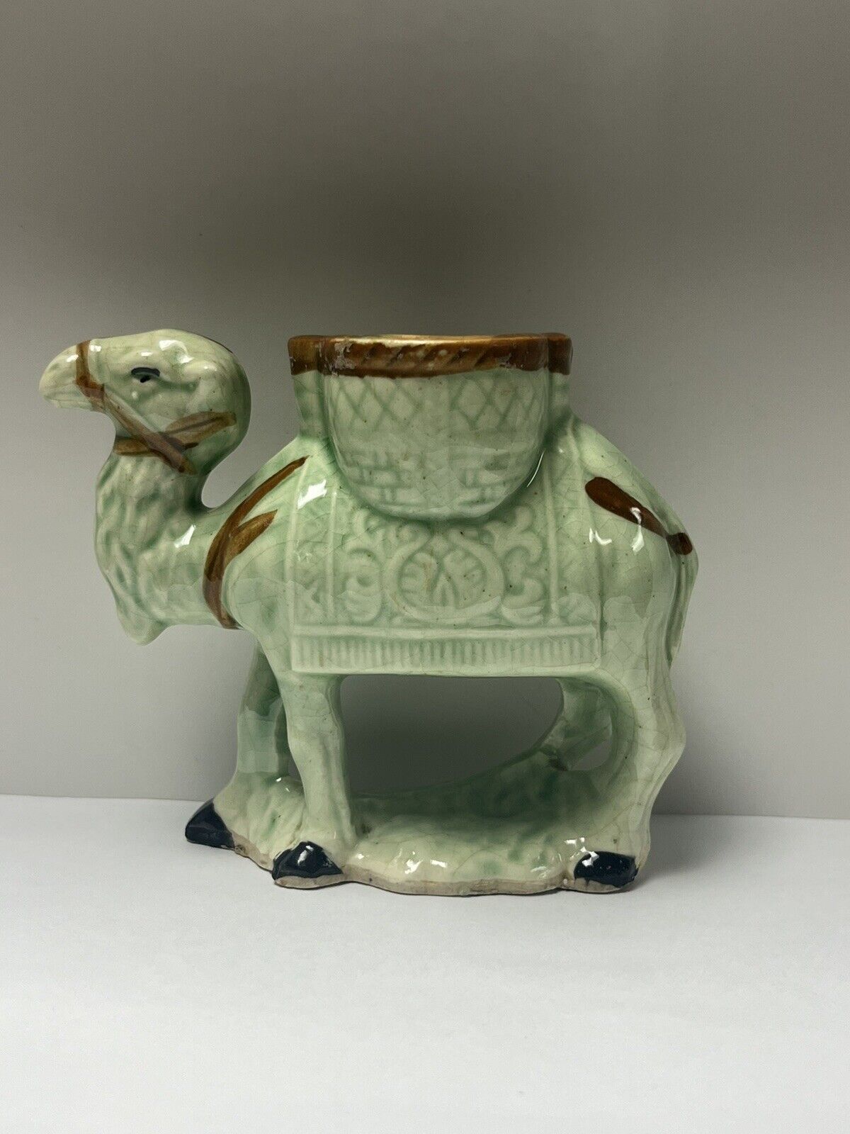 Vintage Green Ceramic Camel Planter, Painted - Made in Japan MCM Desert Decor
