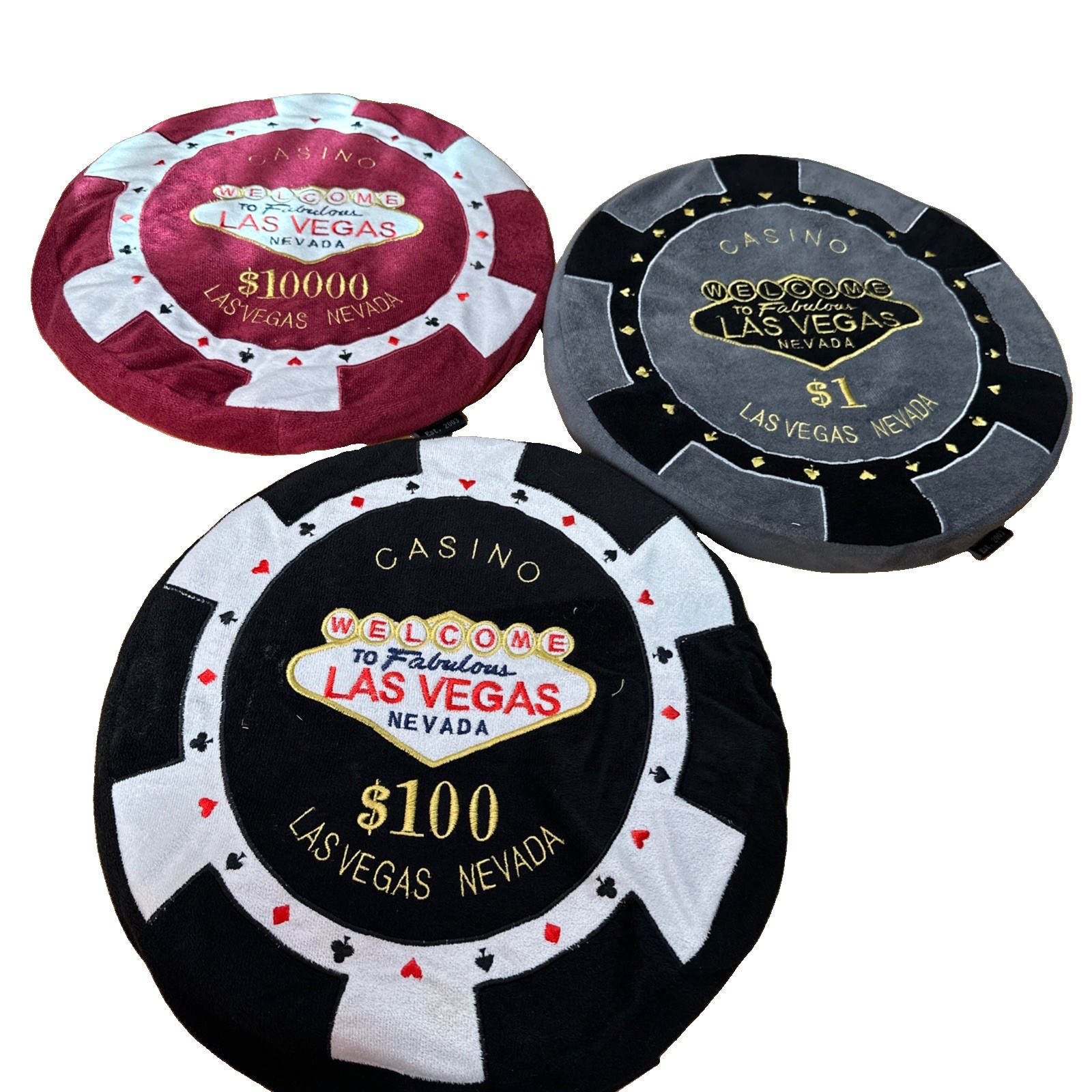 Poker Chip Pillow Seat Cushion Las Vegas Nevada Lot Of 3 $1, $100, $10,000 Poker Chip Pillow Seat Cushion Las Vegas Nevada Lot Of 3 $1, $100, $10,000