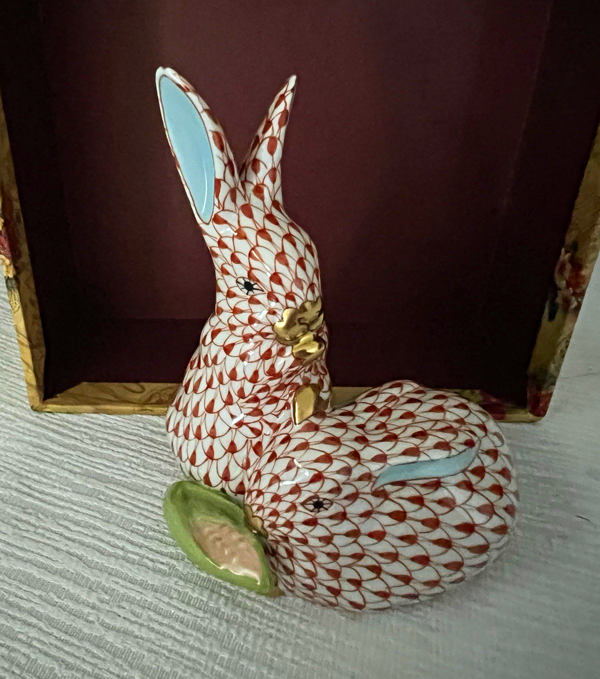 Herend Hungary Hand-Painted Porcelain Rabbit Figurine Fishnet Green Ear Mark