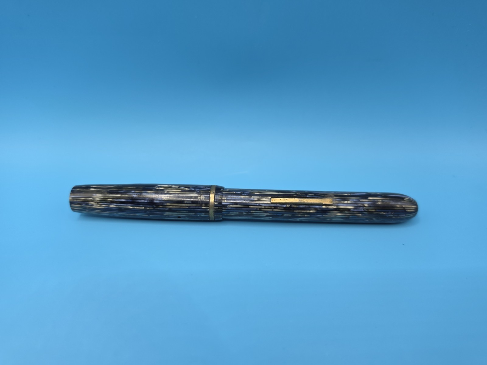 Vintage 1940s Moore Fountain Pen Blue Striped Celluloid 14K Incomplete SEE Pics