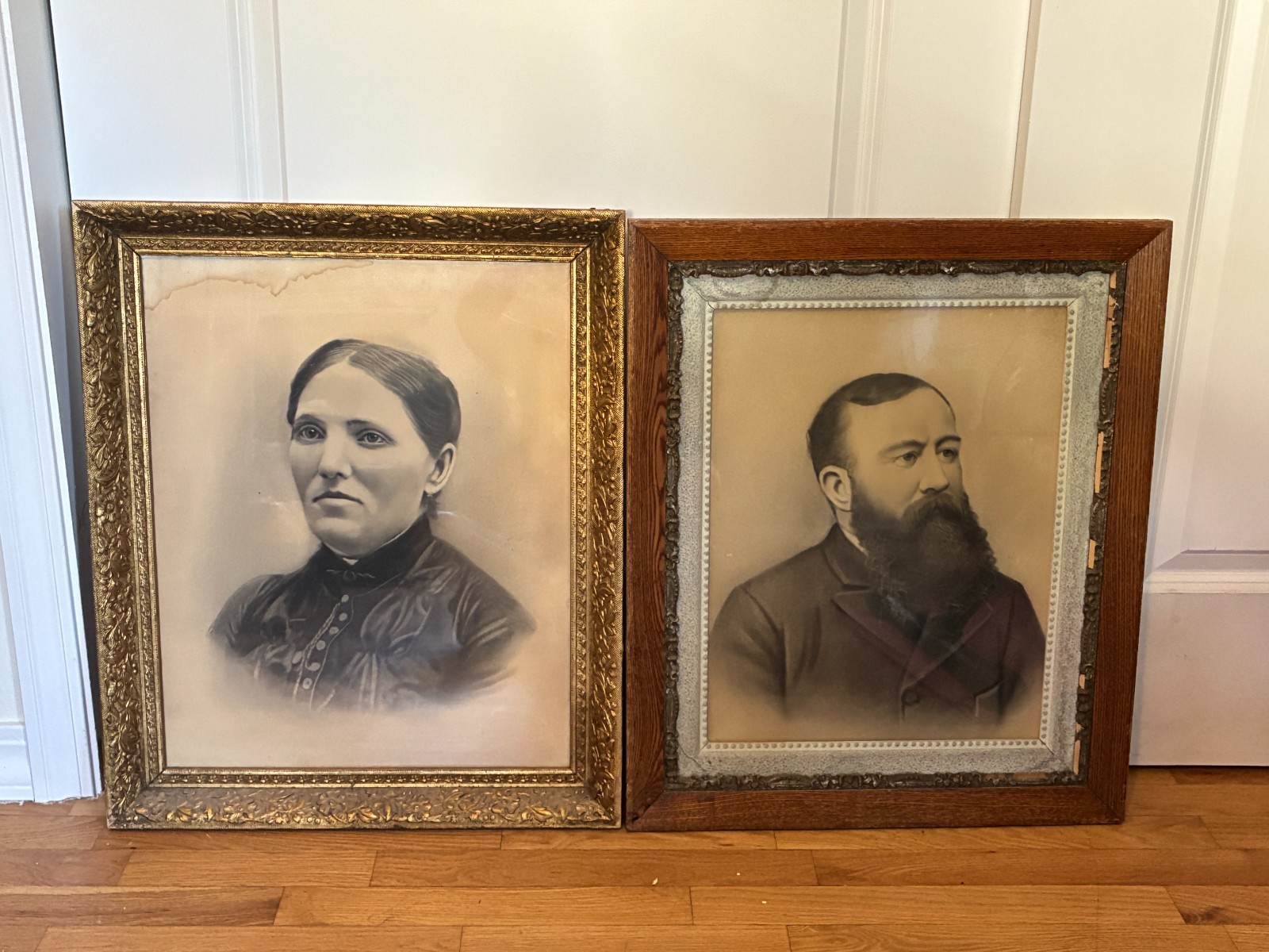 Antique Victorian Crayon Portrait Pair 1880s Charcoal Man & Woman Frames