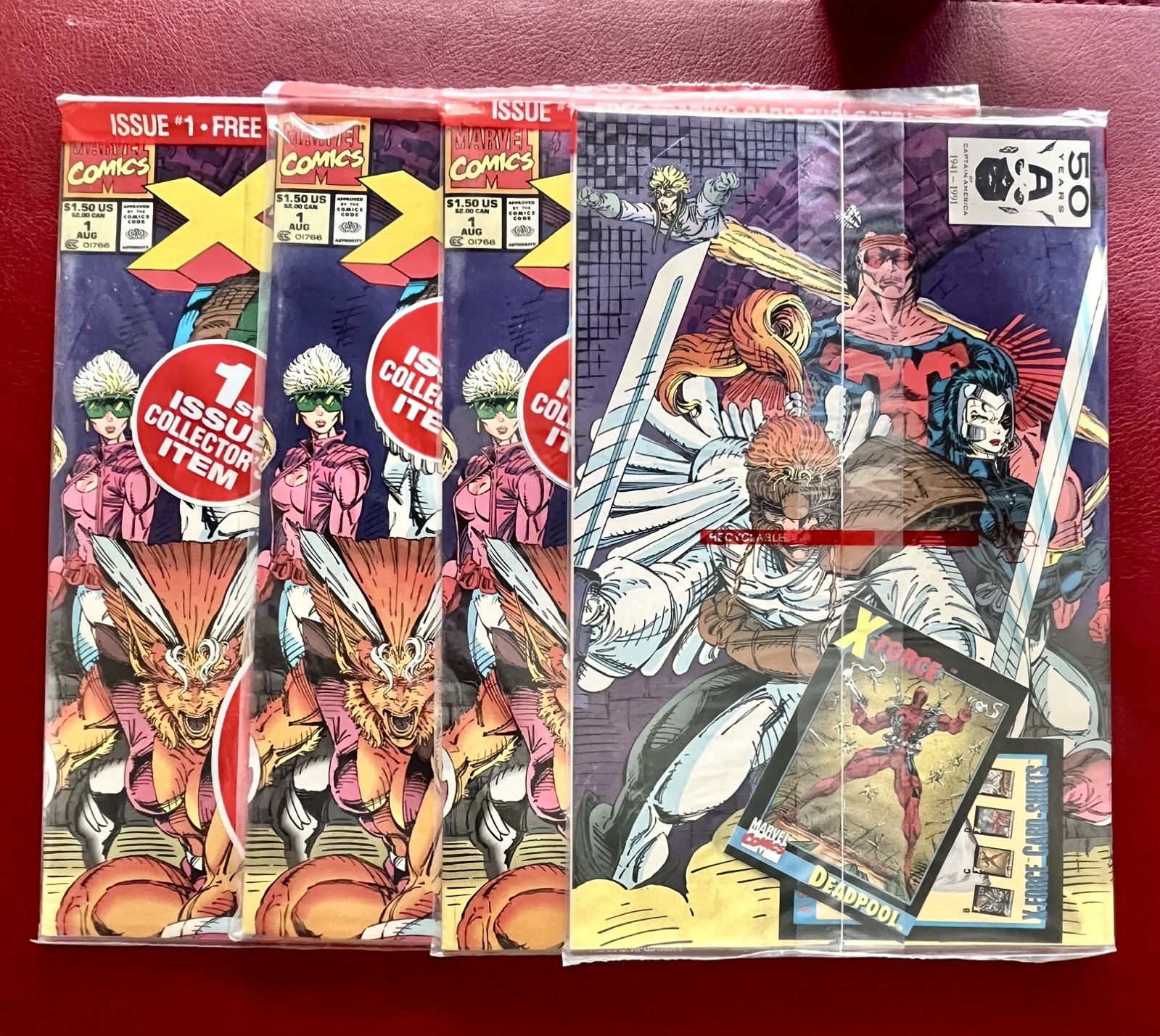 X-Force #1 (1991) Set of 3 Sealed Polybagged w/Cards of Deadpool,X-Team,Cable