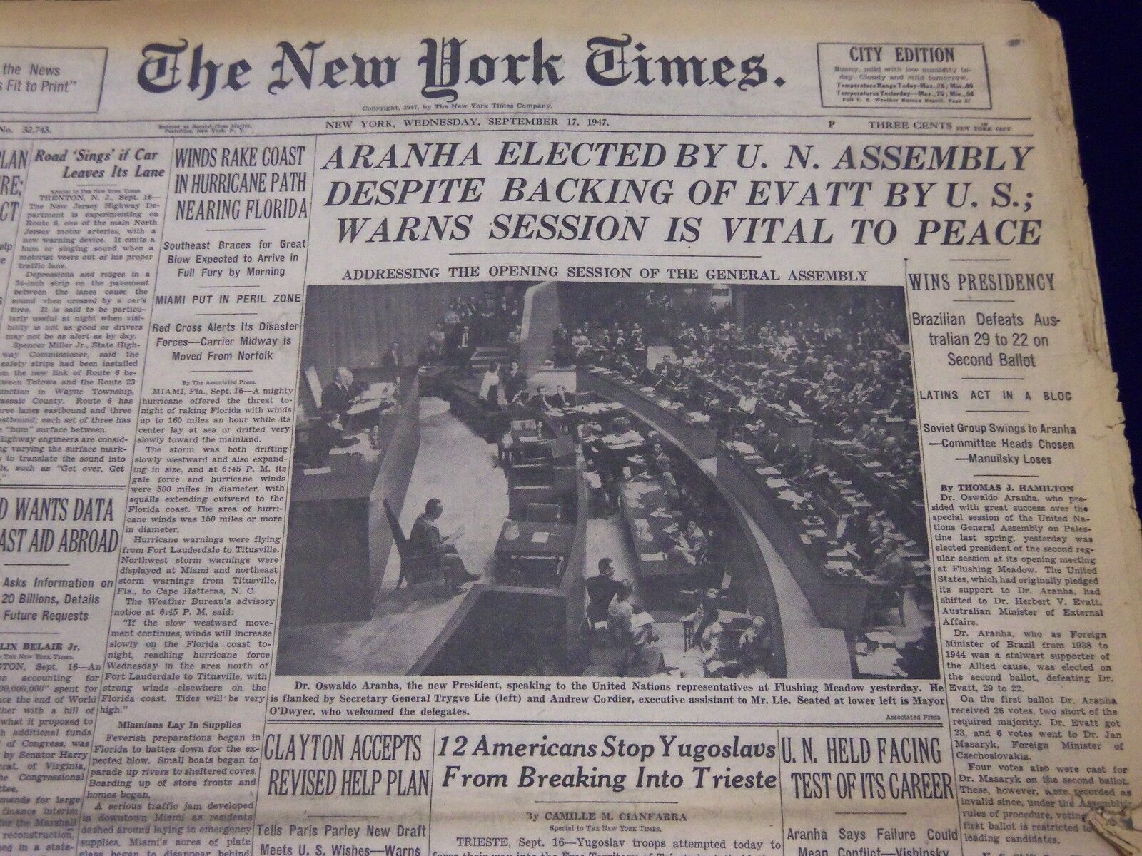 1947 SEPT 17 NEW YORK TIMES - ARANHA ELECTED BY U. N. ASSEMBLY - NT 120