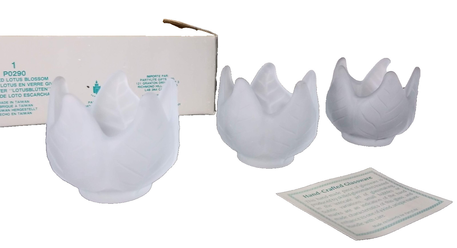 Partylite Frosted Lotus Blossom Tealight Holders Set of 3 Glass, Boxed, Retired