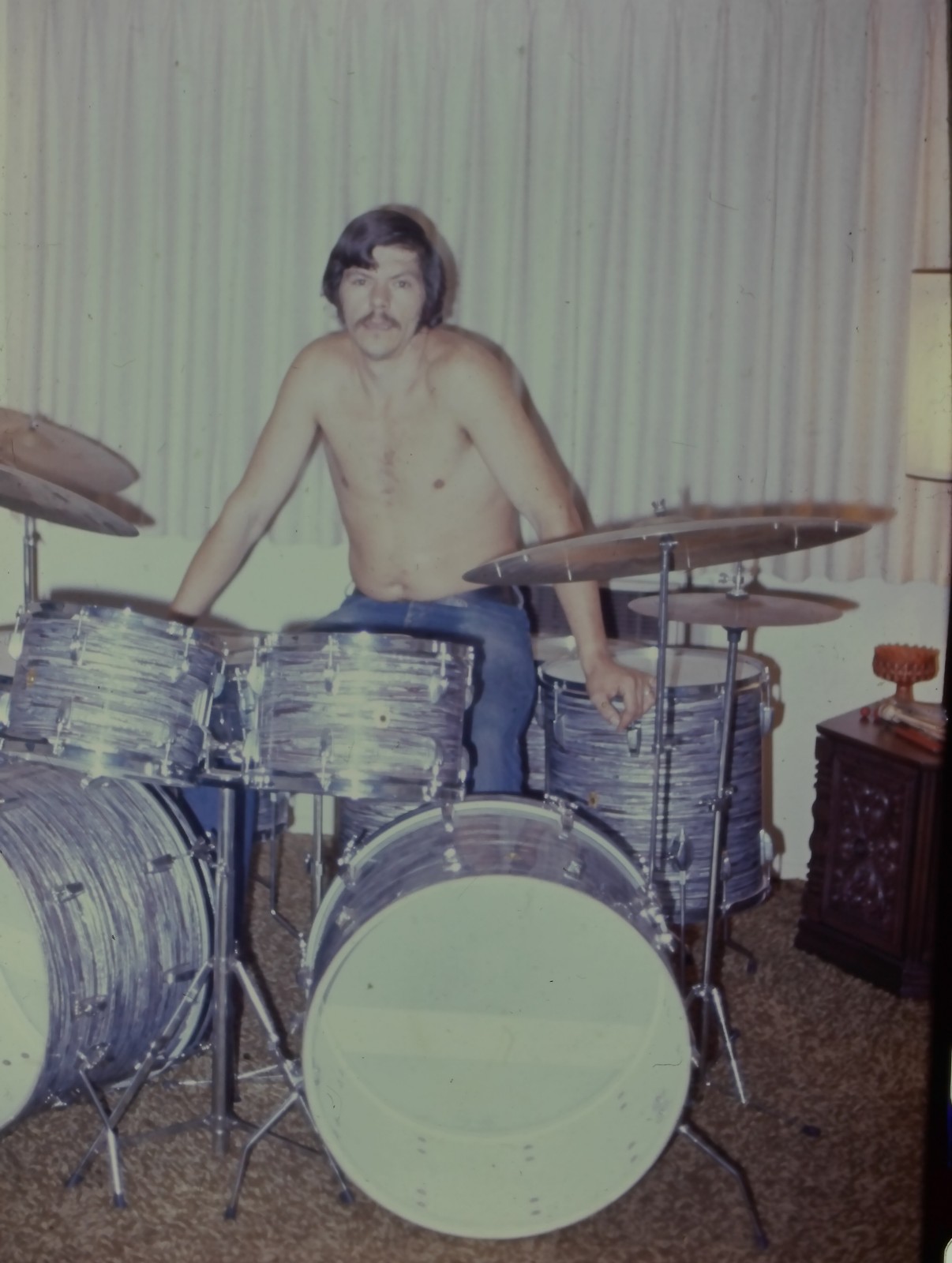 1970s Shirtless Man Playing Drum Set Kit at Home 35mm Slide