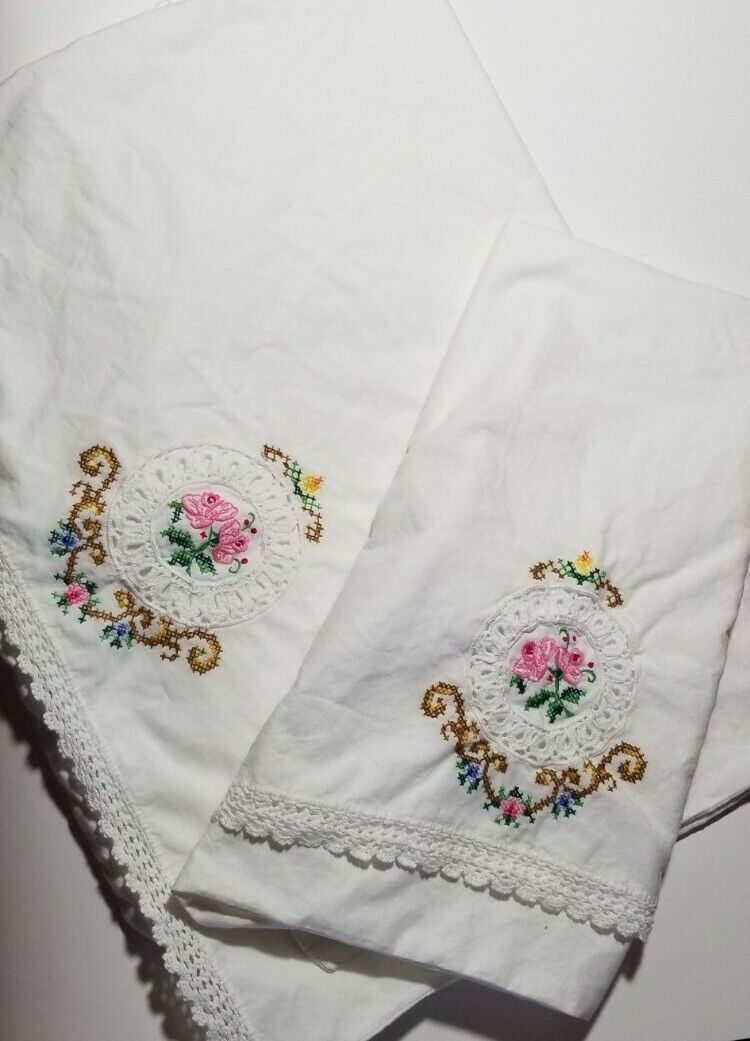 Vintage Embroidered And Crocheted 2 Standard Sized Pillow Cases - Pink Flowers