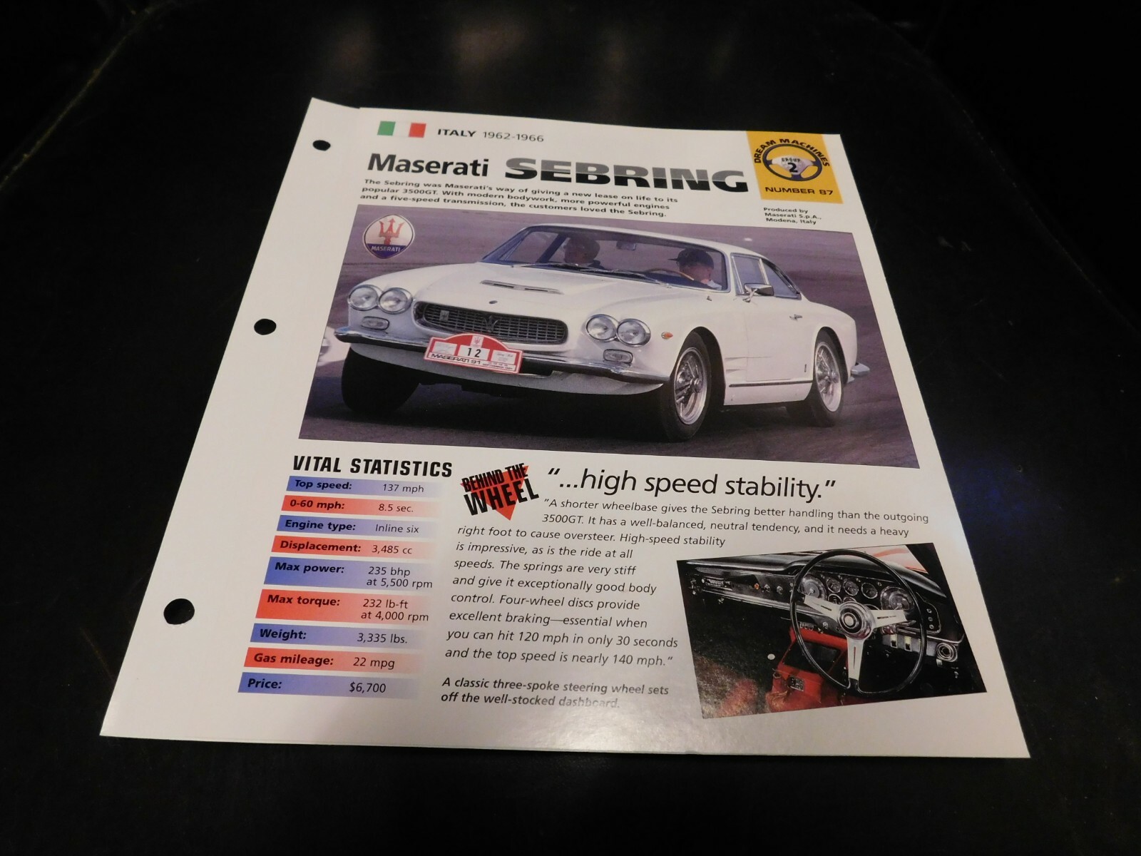 1962-1966 Maserati Sebring Spec Sheet Brochure Photo Poster 65 64 63