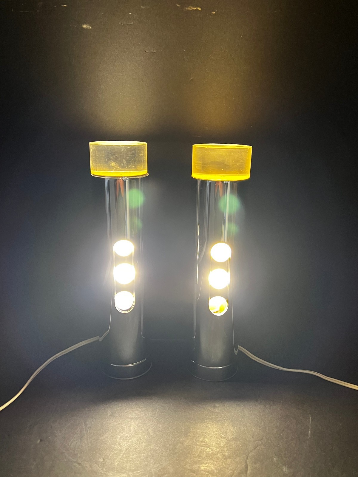 Pair 1970s Chrome Lucite Accent Lamps Tubular Cylinder Space Age 10\ Pair 1970s Chrome Lucite Accent Lamps Tubular Cylinder Space Age 10\
