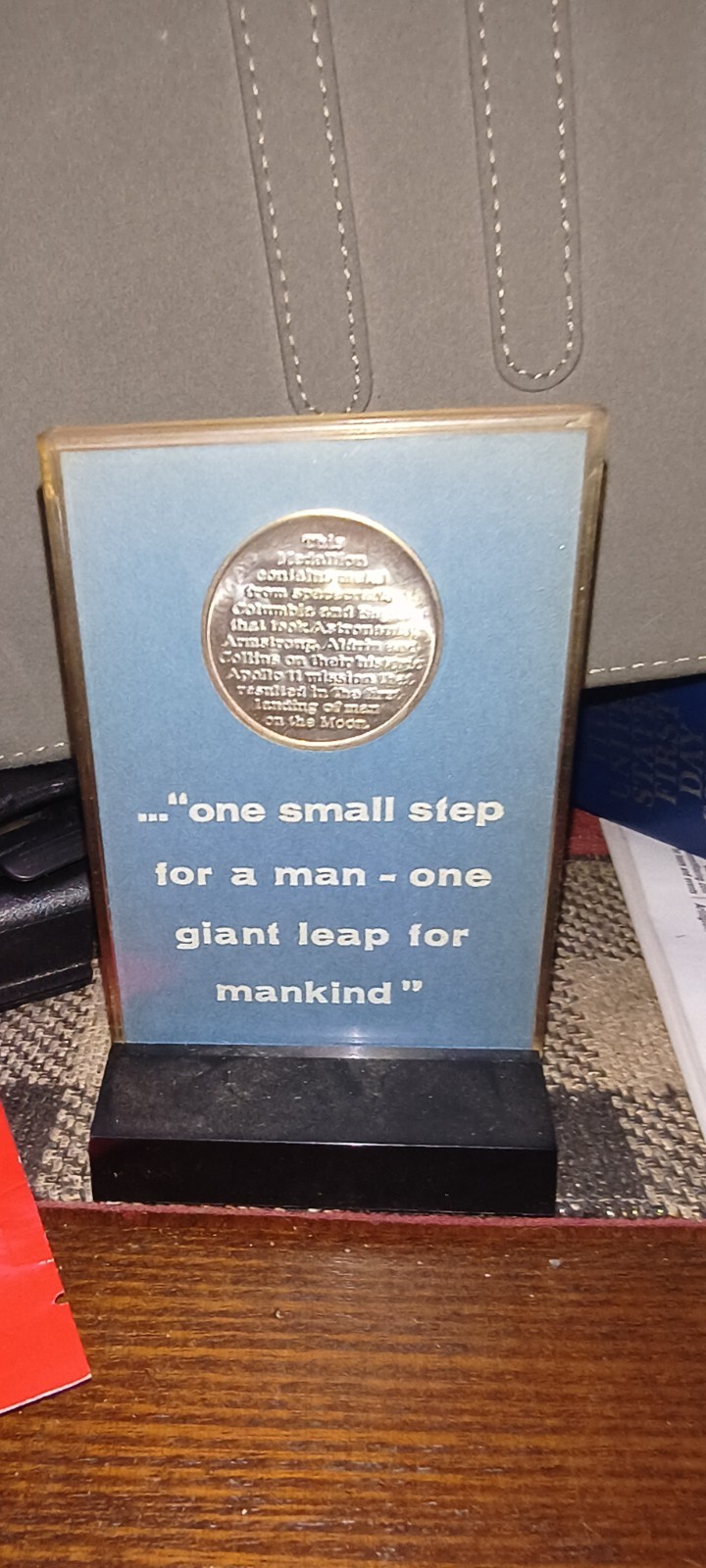 1969 Apollo 11 MFA Medallion Flown Metal NASA Space Program Desk Display Stand