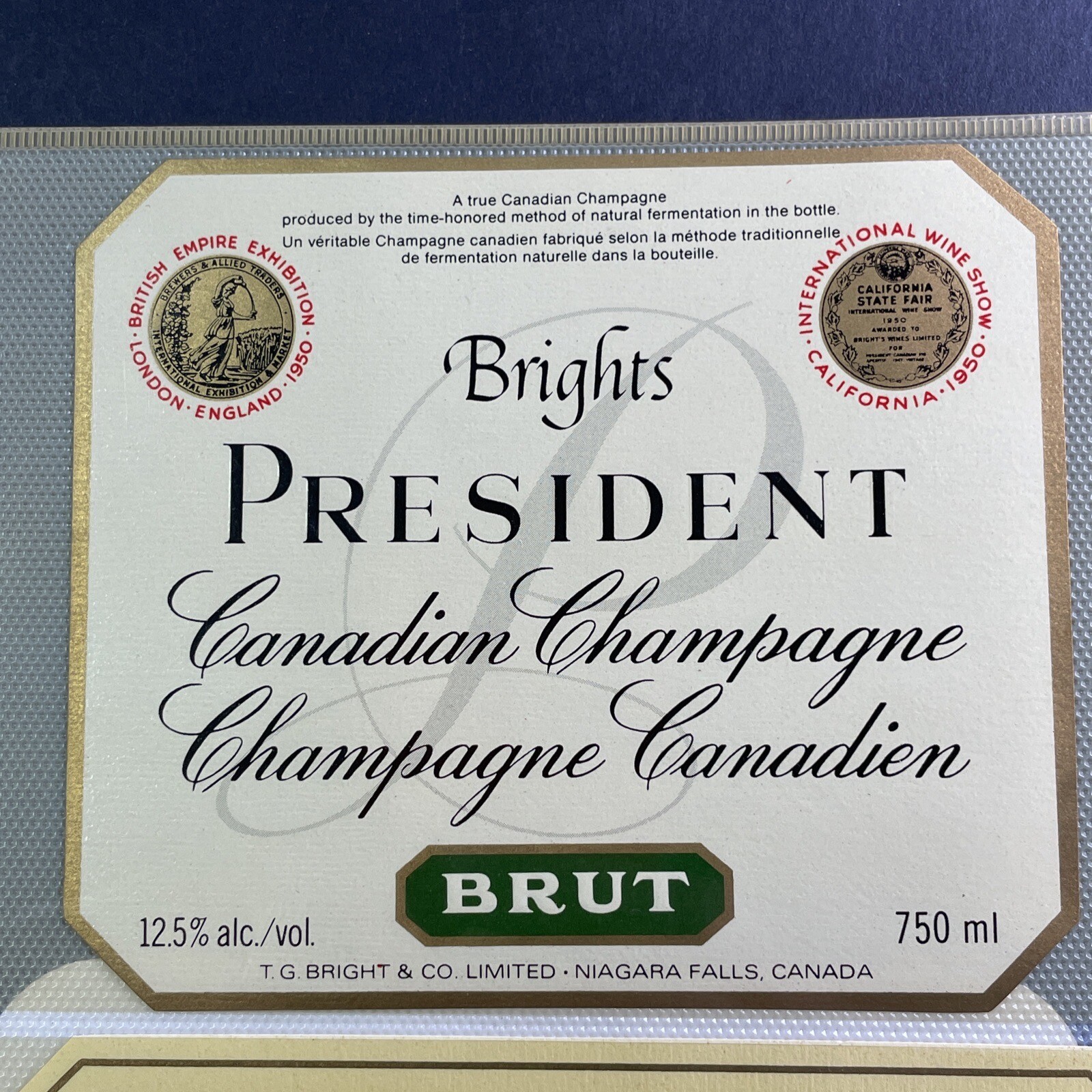 Brights Wine Label PRESIDENT Canadian Champagne Brut 750ml Canada