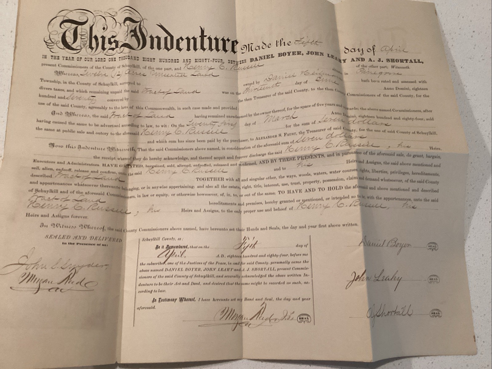 1884–1885 Schuylkill Pennsylvania Land Deed Commissioners to Henry C. Russell