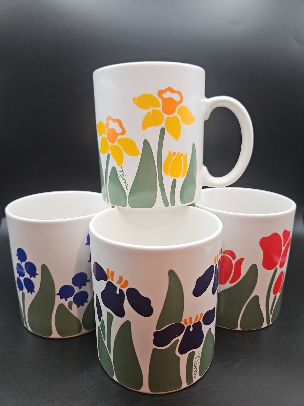  4 Vintage Nina Blue, Yellow, Red, Purple Floral Design Cups  Mug 1983 CHD *NEW*