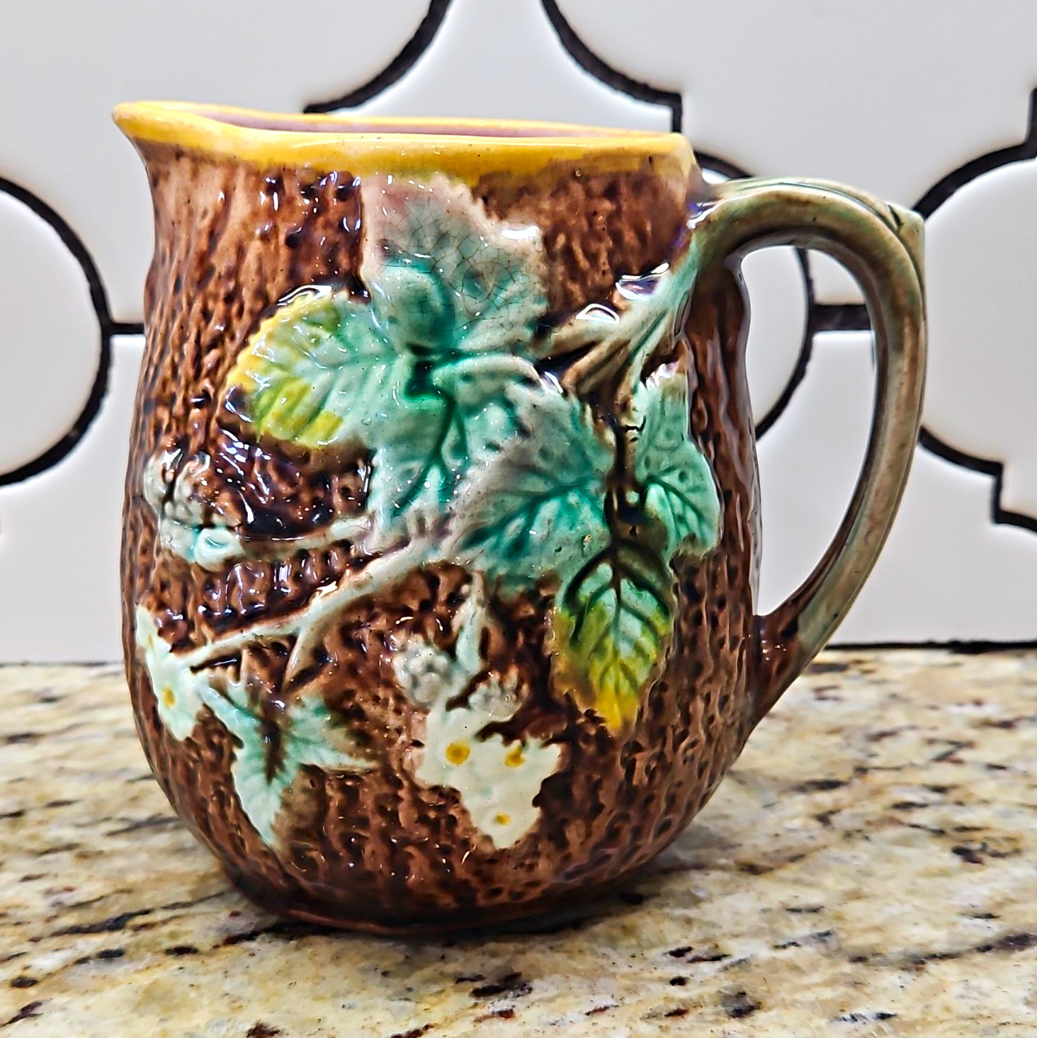 Antique Majolica Pitcher Creamer Bark Wood Berry Leaves 19th Century  Vintage