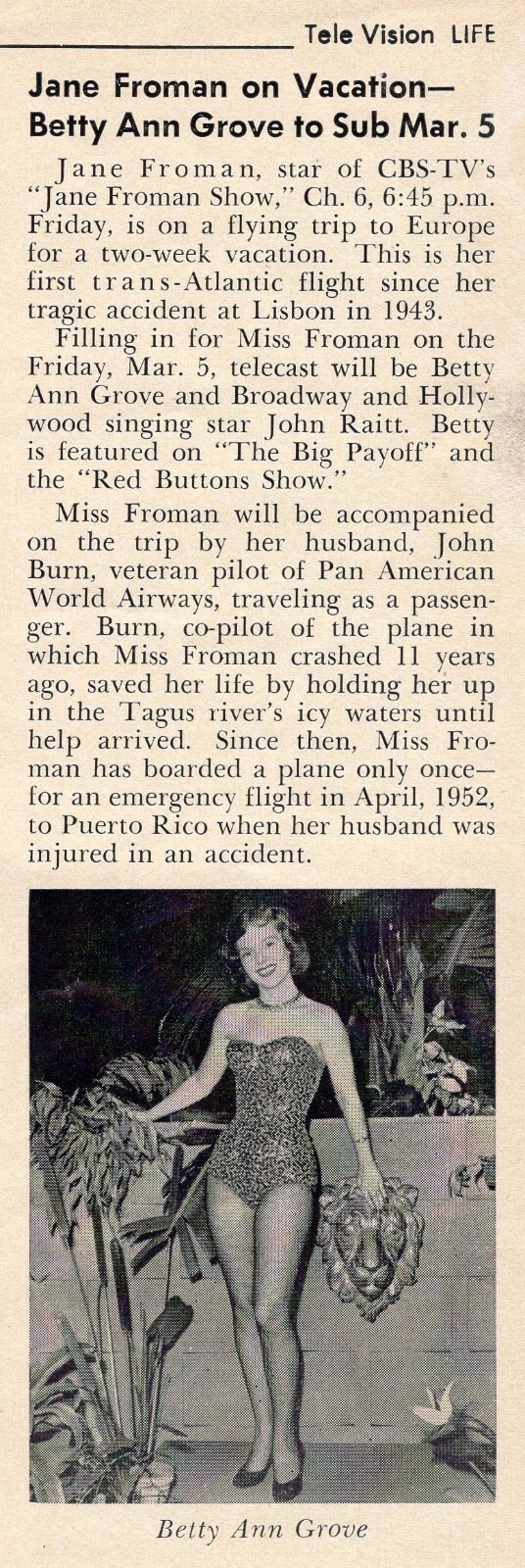 1954 TV ARTICLE~BETTY ANN GROVE SUBS FOR JANE FROMAN