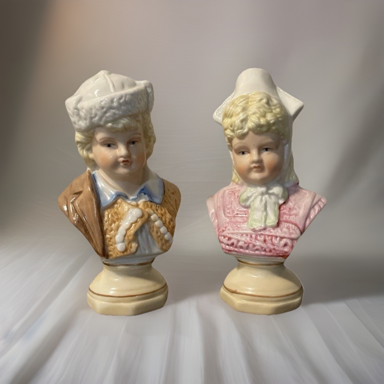 Thuringia Germany Porcelain Young Boy & Girl Miniature Bust Figurines Antique 6”