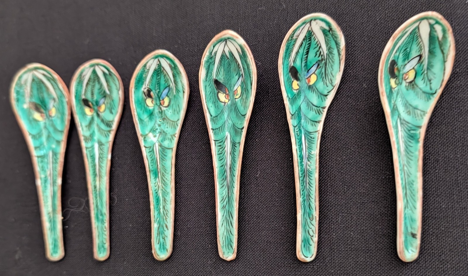 19th Century (6) Famille Verte Bok Choy Cabbage Leaf Butterfly Tea Spoons NICE