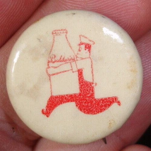 old vintage BALDWIN'S DAIRY farm MILK BOTTLE MAN Creamery adv pinback button ww2