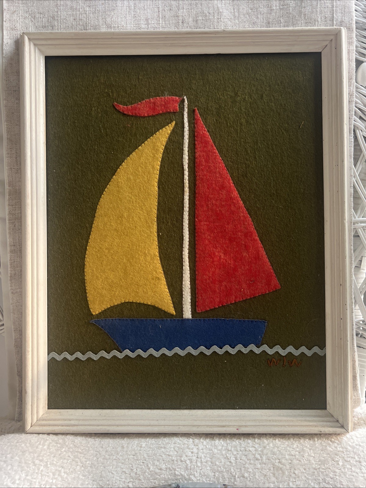 Vintage 70s Felt Textile Art Framed Sailboat Mid Century Nautical K&S Ltd 11x14