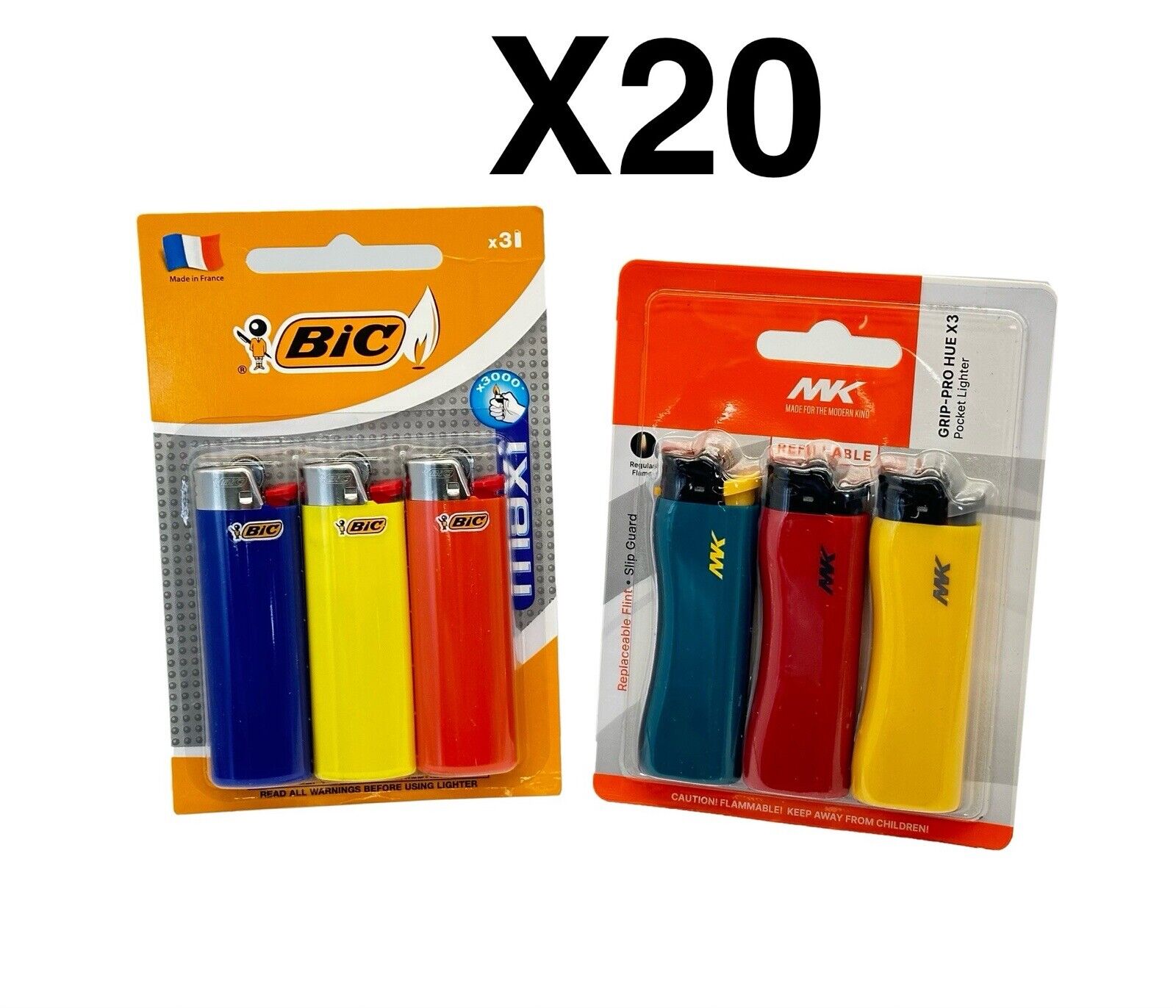 20X 3pack Lighters. 10packs BIC +10packs MK. Total Of 60 Lighters. 