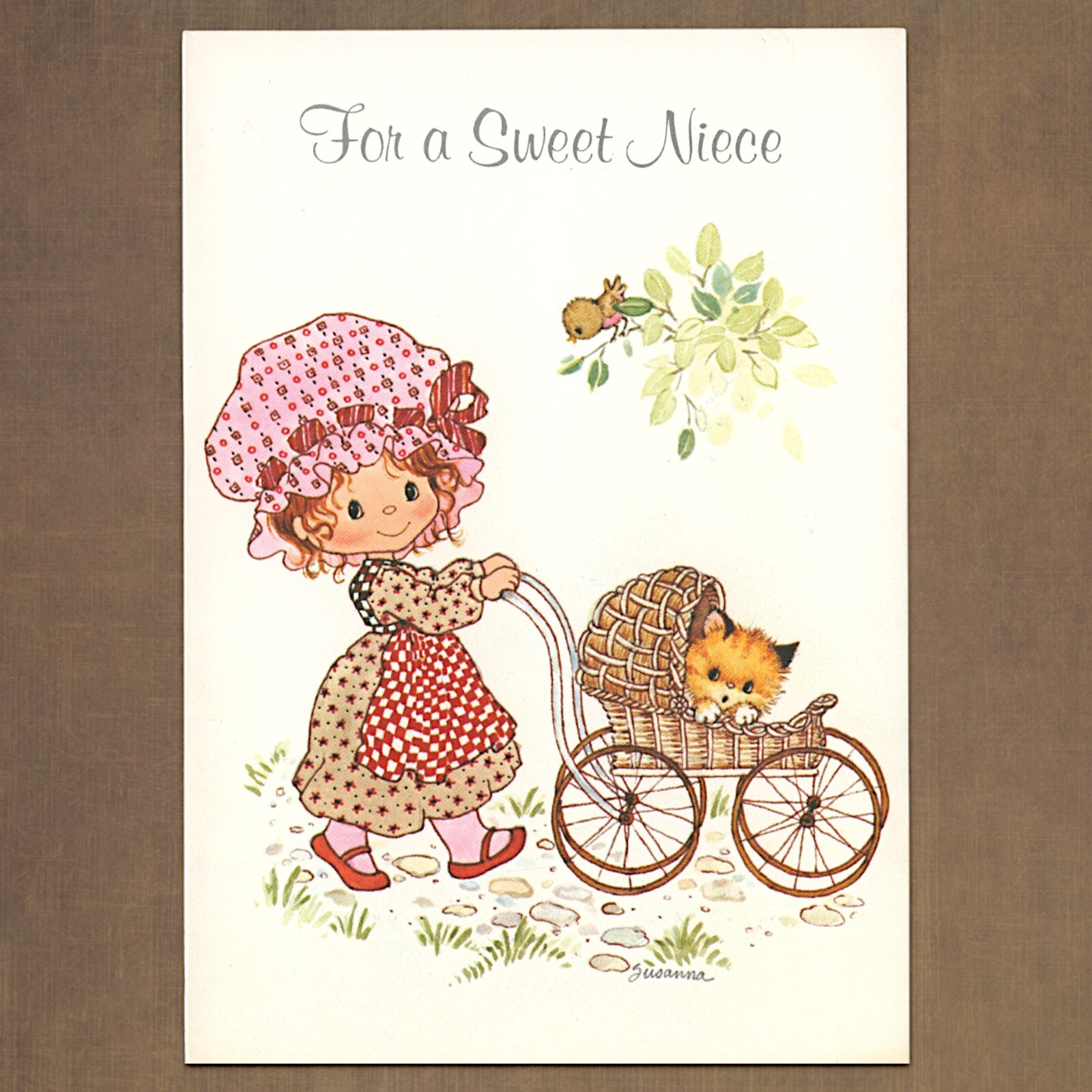 Unused Vintage SUSANNA LEIGH Drawing Board Niece Birthday Card, Girl Cat Wagon