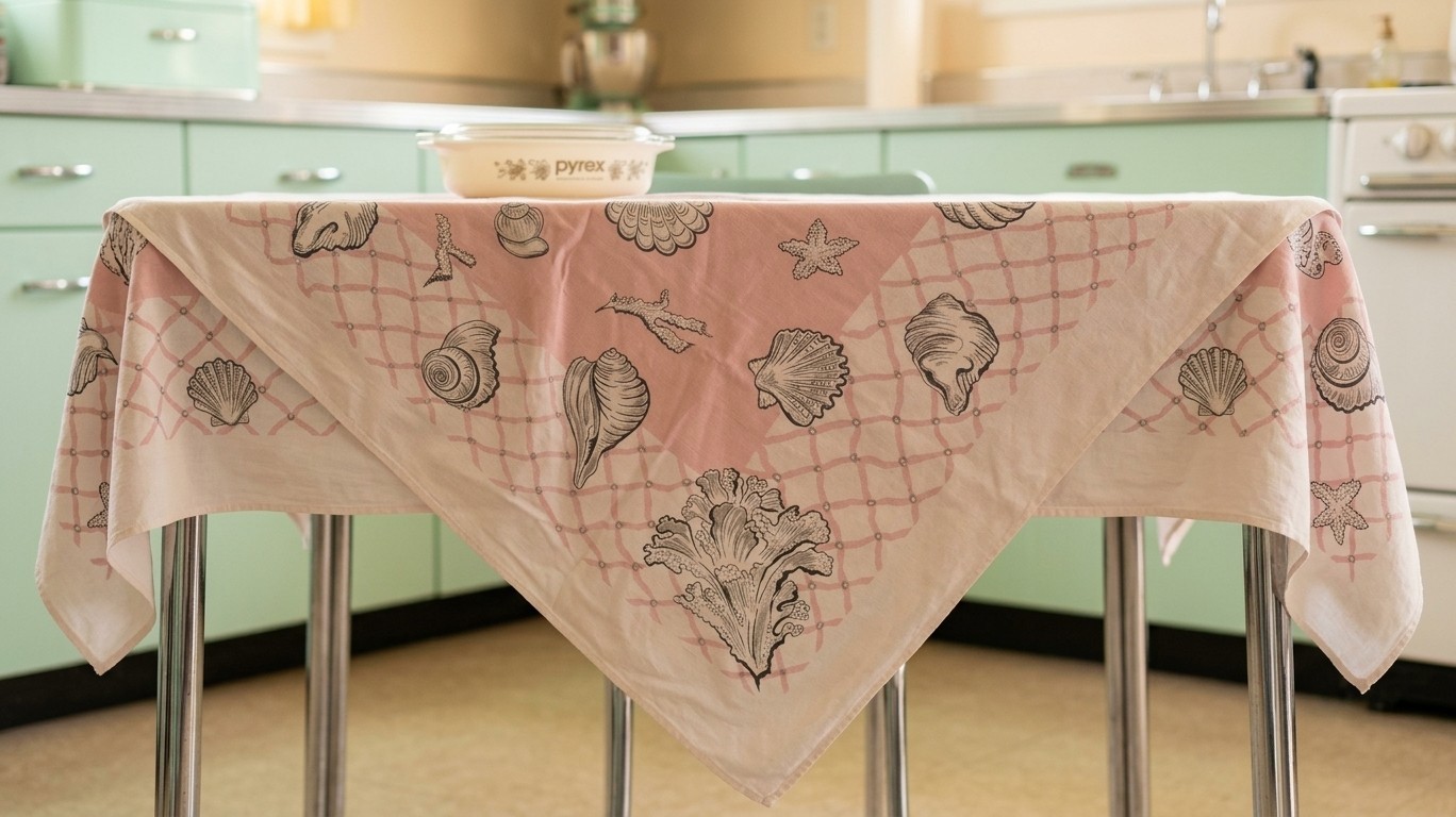 Vintage 1950s Coastal Novelty Print Tablecloth – Mid-Century Modern Cotton Linen