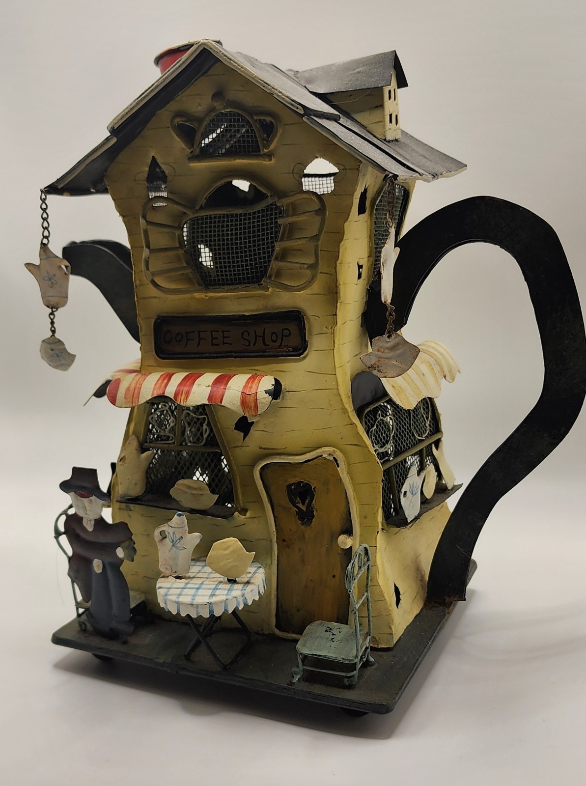 Vintage Metal Coffee Shop Teapot Figurine - Whimsical Tea House Diorama Art Deco