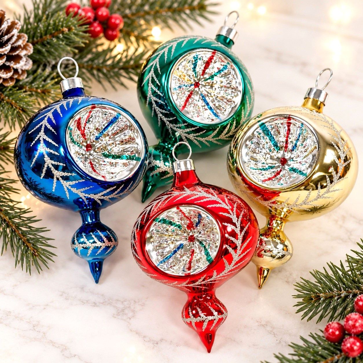 VTG Glass Reflector Indent Christmas Ornaments Teardrop Snowflake Finial Set/ 4