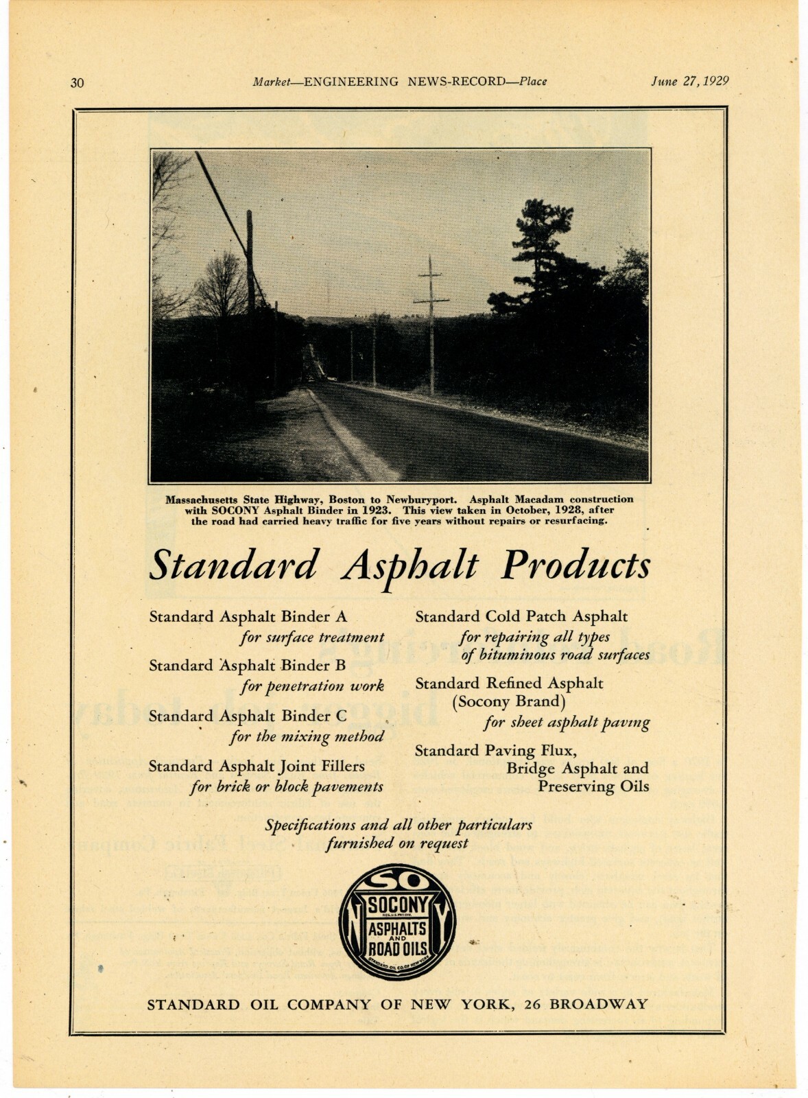 1929 SOCONY Ad: Massachusetts State Highway Boston to Newburyport Picture