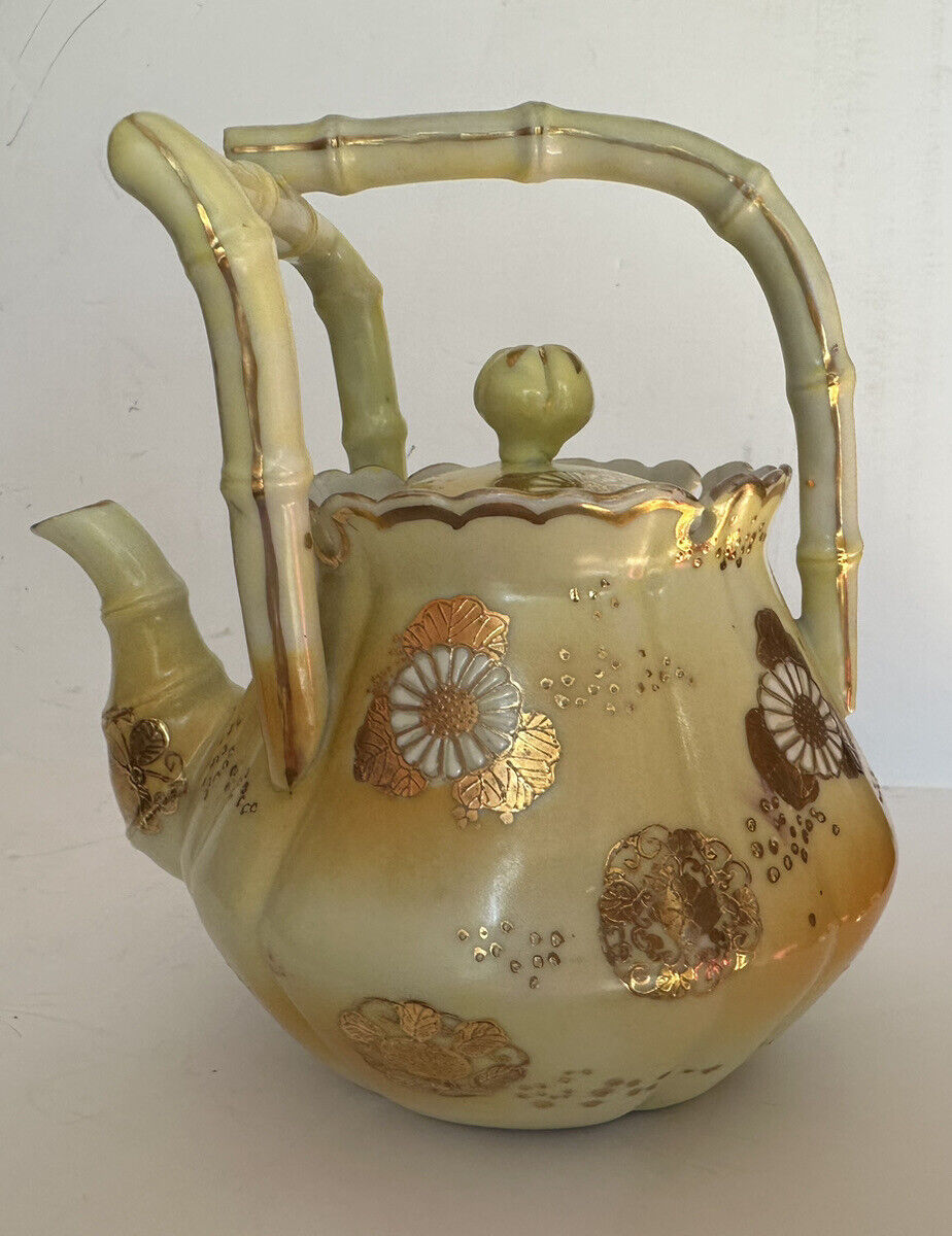 Antique 1850s Japan Porcelain Hand Painted Gold Teapot  Bamboo Handle
