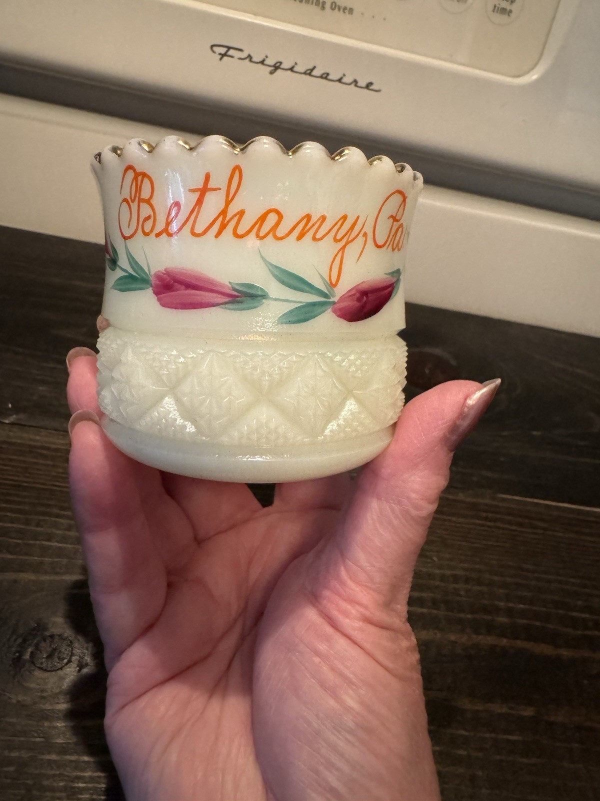 Bethany Pa Custard Glass Fancy Molded Cup Vintage Souvenir Glows