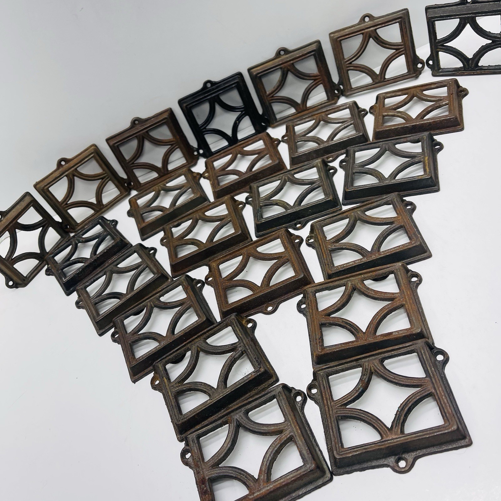 VTG Antique Cast Iron Church Pew Card Holders Ornate Geometric Salvage LOT OF 23 VTG Antique Cast Iron Church Pew Card Holders Ornate Geometric Salvage LOT OF 23