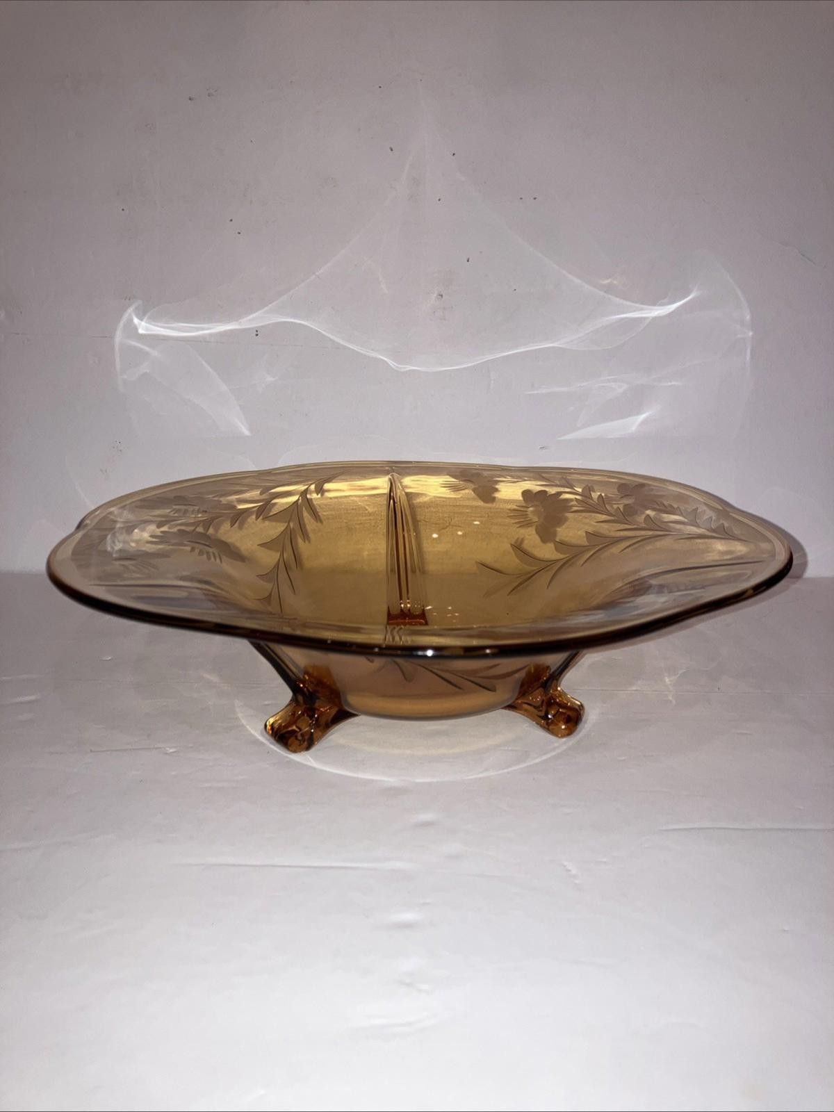 Vintage 1930'S FOSTORIA Amber  12” Serving Bowl Depression GLASS W/Etched Flower