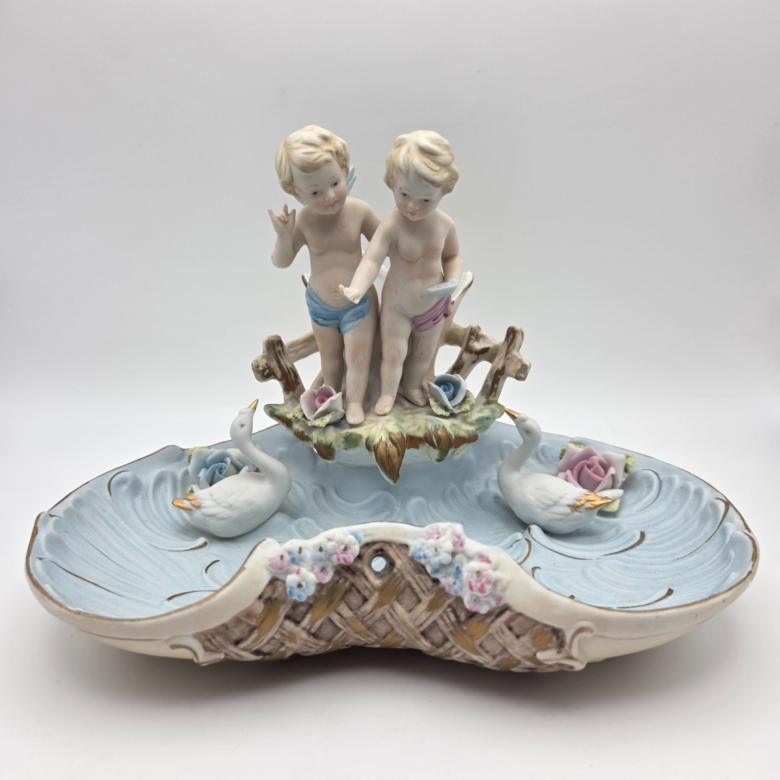 Vintage Baroque Porcelain Putti Centerpiece Planter With Cherubs Swans & Flowers