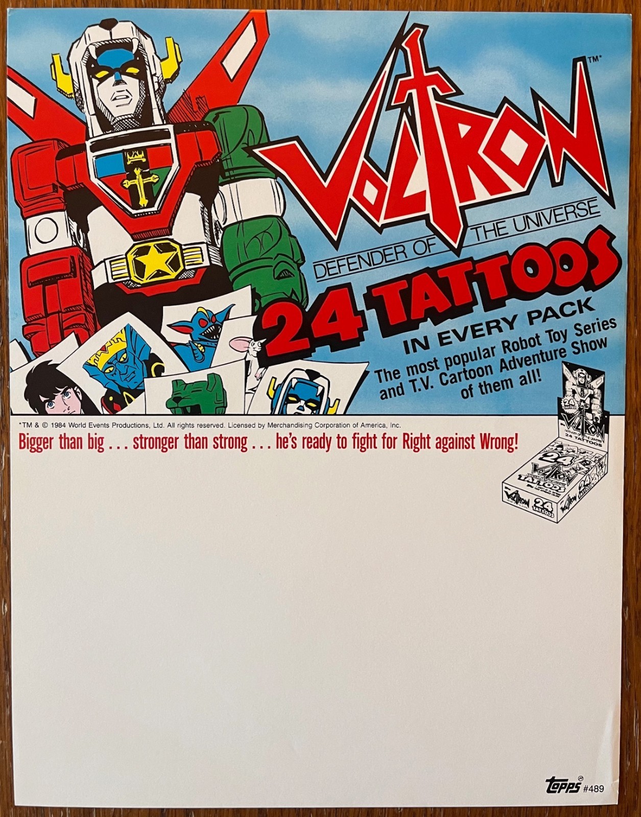Topps Voltron Defender of the Universe 1984 Tattoos Sale Sell Sheet #489