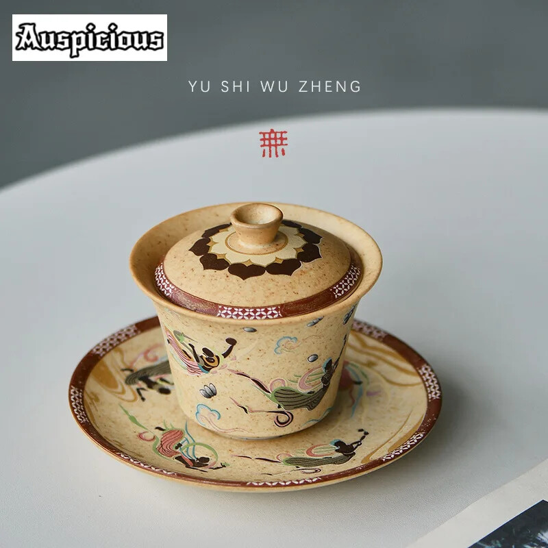 Chinese Dunhuang Apsaras Gaiwan Retro Mural Painting Tea Brewing Cup Saucer